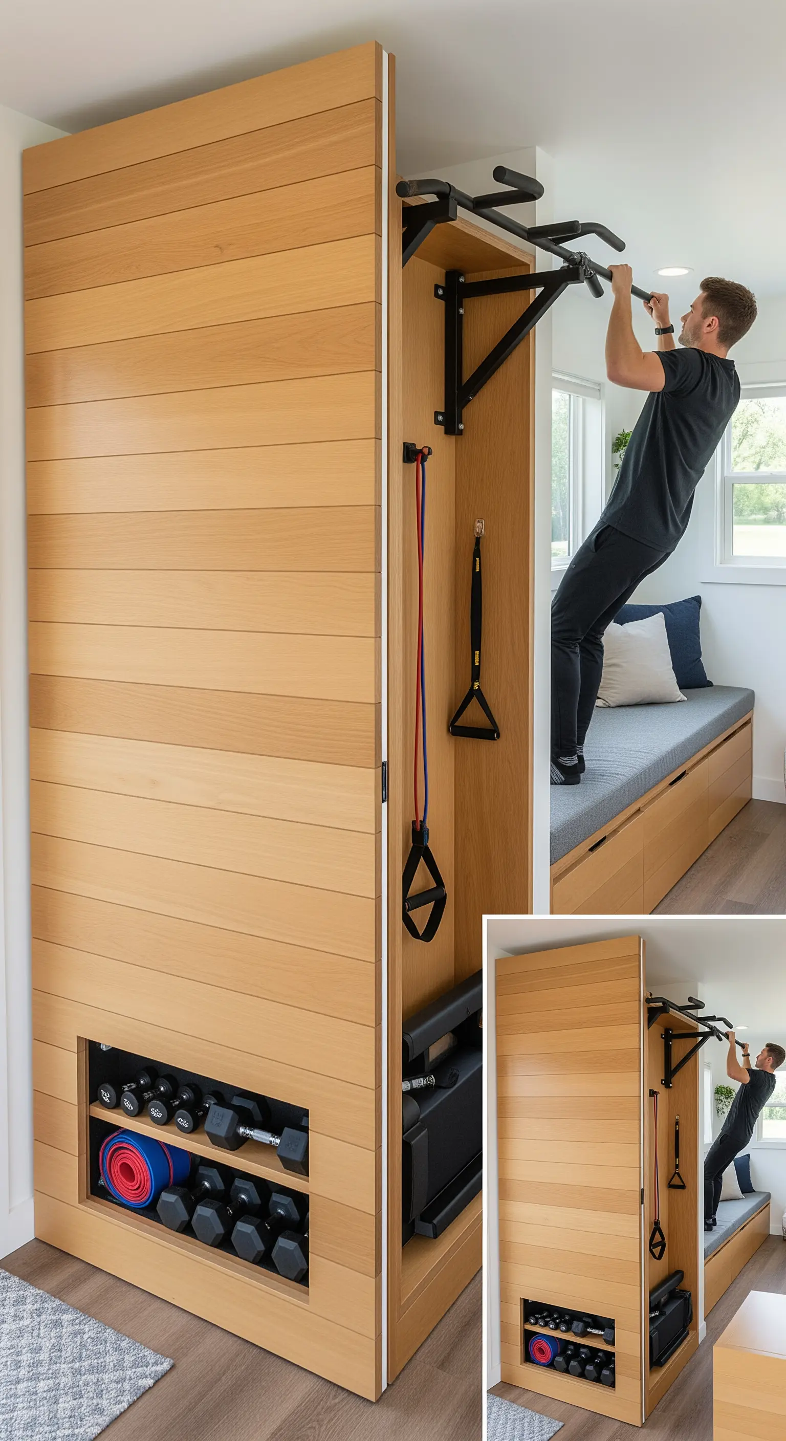 Kompaktes Home-Gym, das hinter einer verschiebbaren Holzwand versteckt ist.