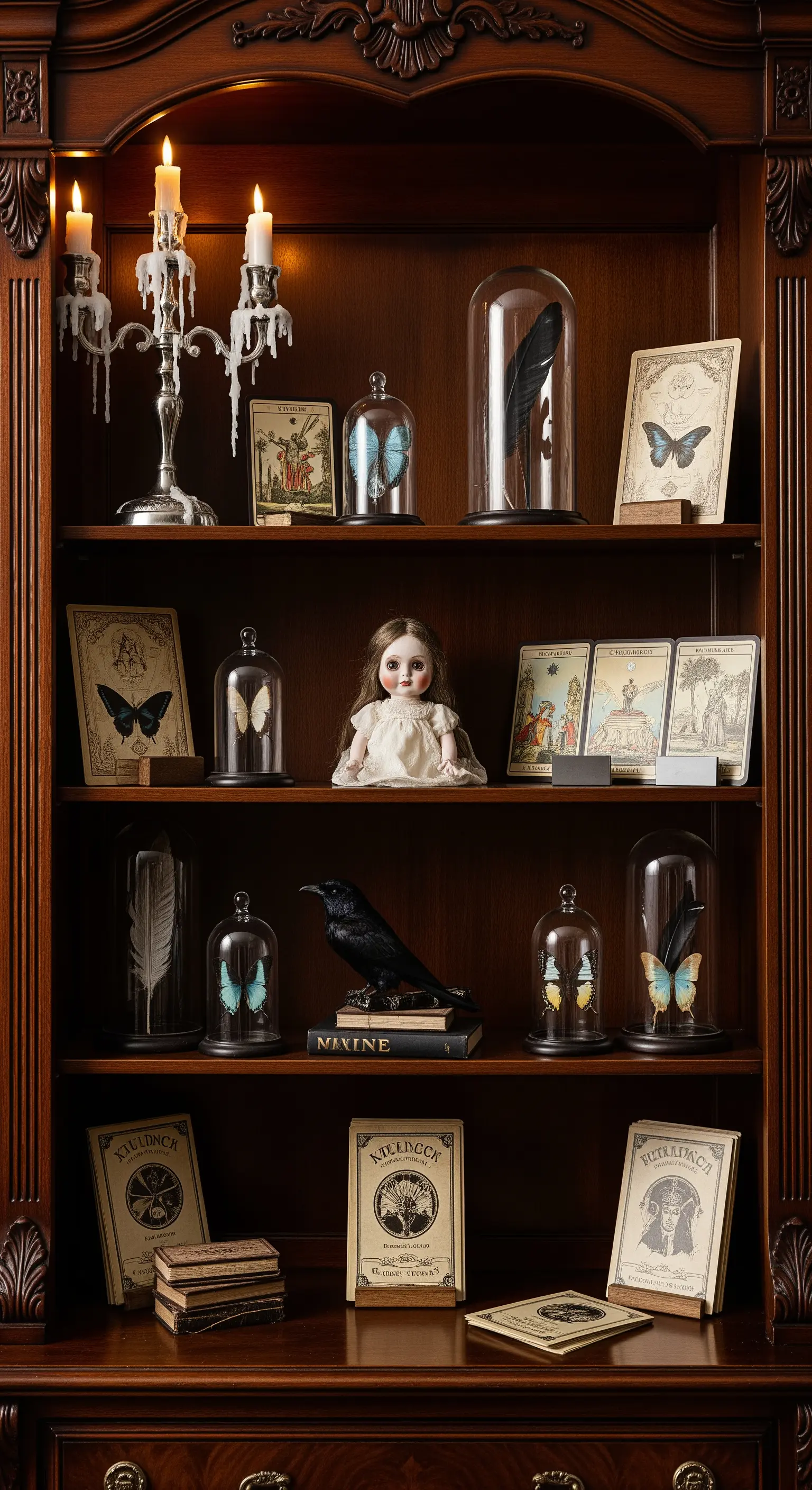 Gruselige Vintage-Deko mit einer alten Puppe, Tarotkarten und Glaskuppeln.