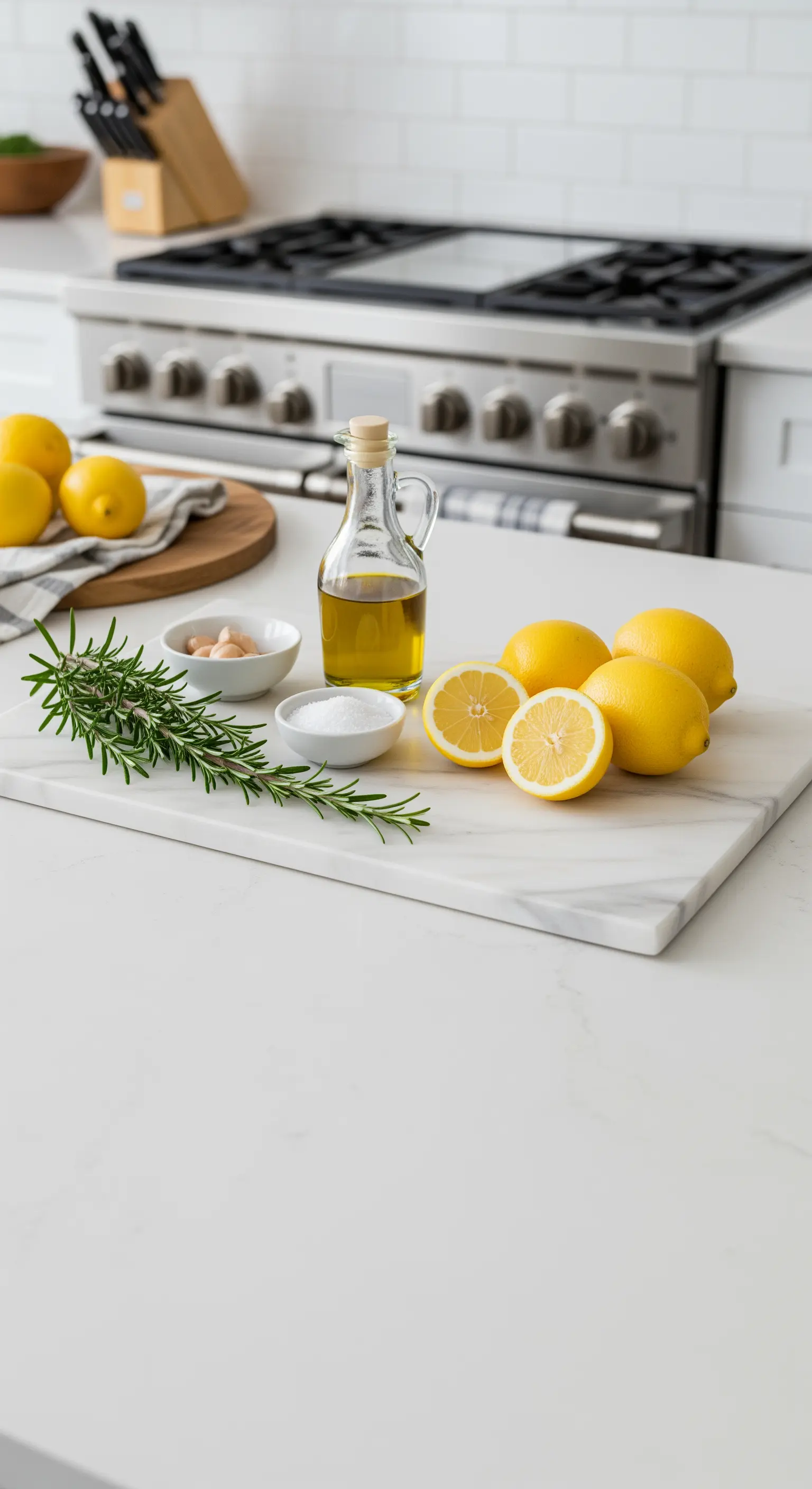 Zutaten wie Zitronen, Rosmarin, Öl und Salz kunstvoll auf einem Marmorbrett arrangiert.