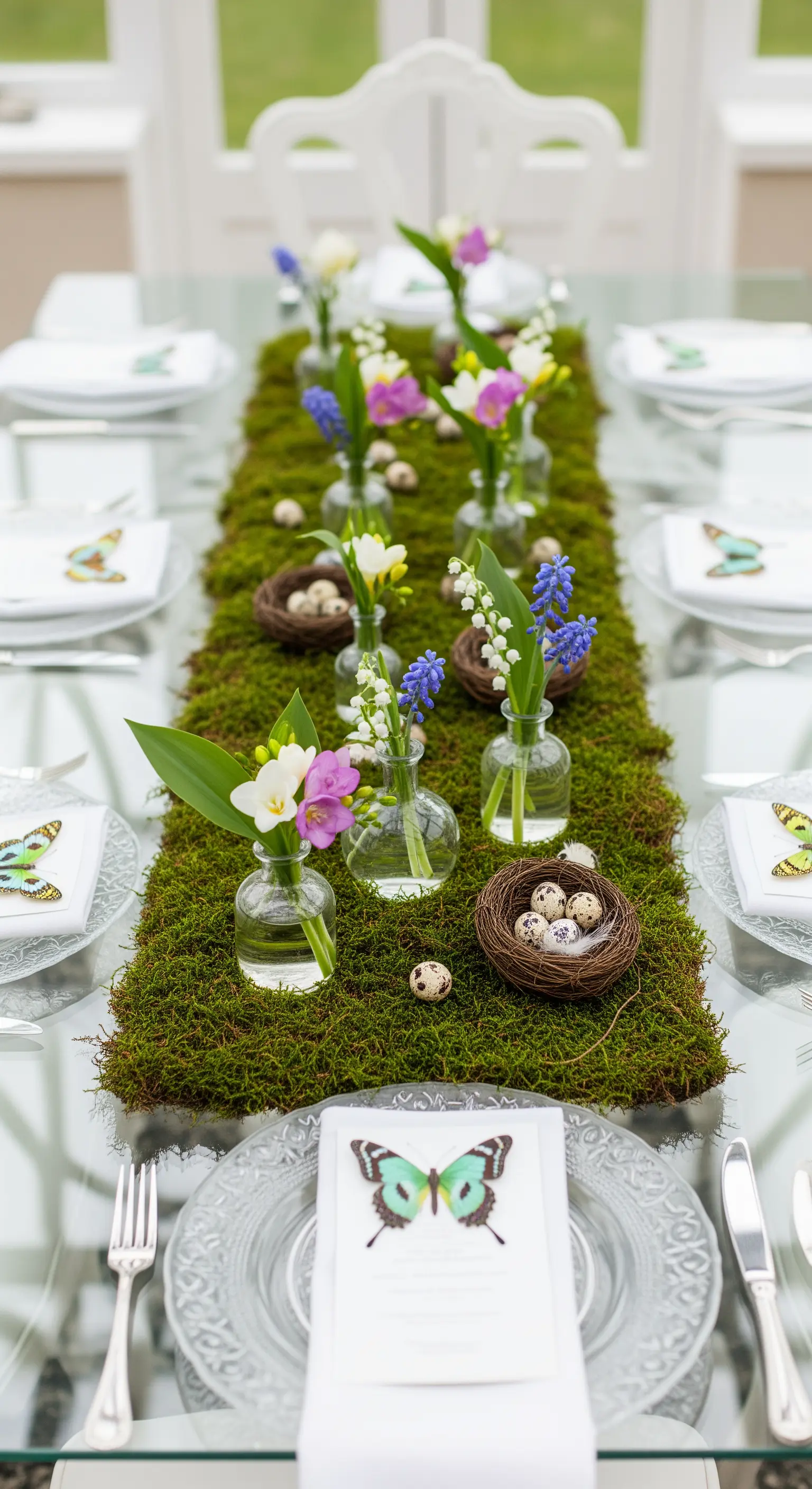 Ein Tischläufer aus Moos mit kleinen Glasvasen, einzelnen Blüten und Wachteleiern