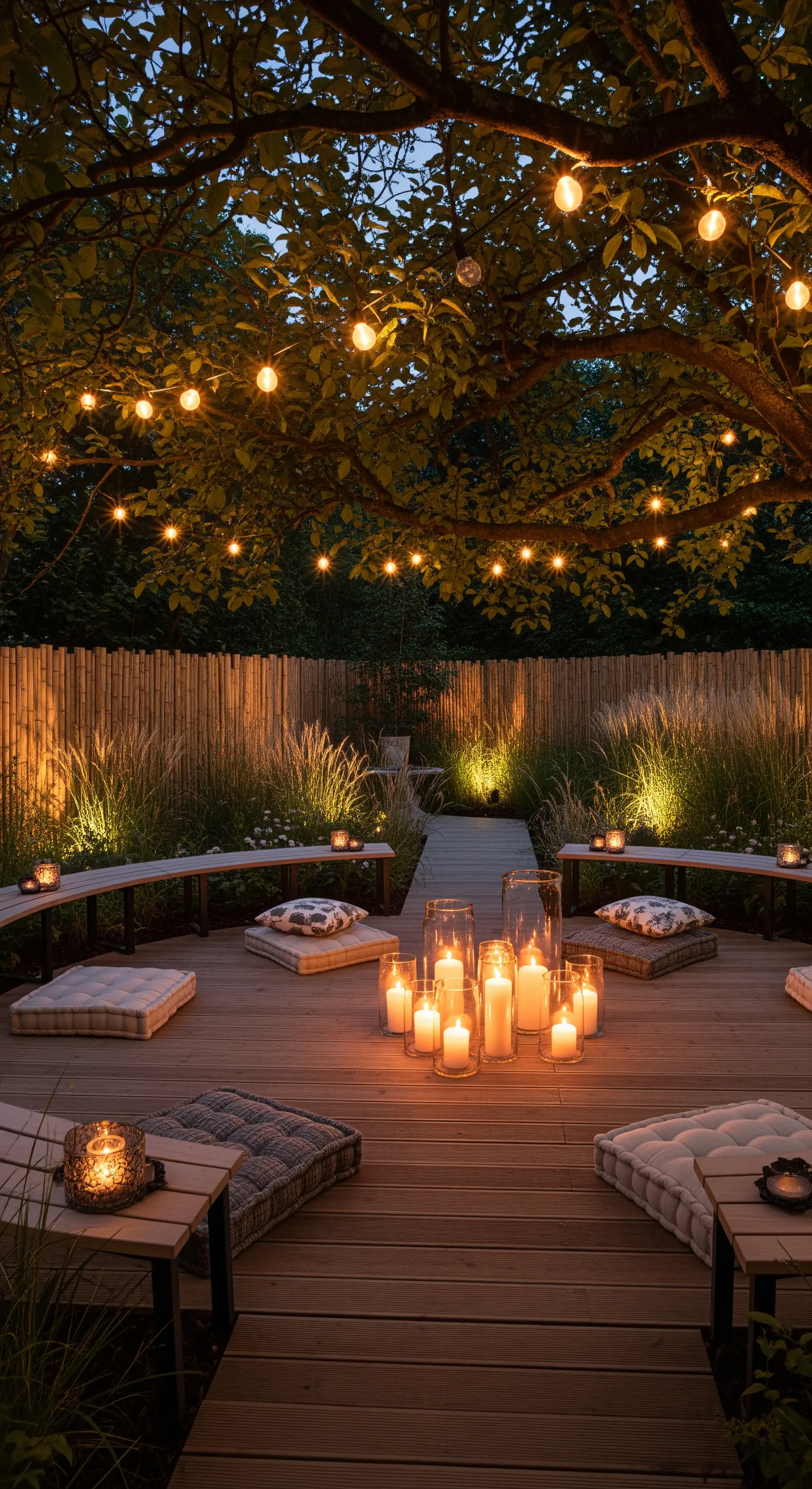Holzterrasse mit Sitzbänken, beleuchtet von einer Lichterkette und vielen Kerzen in Glasvasen