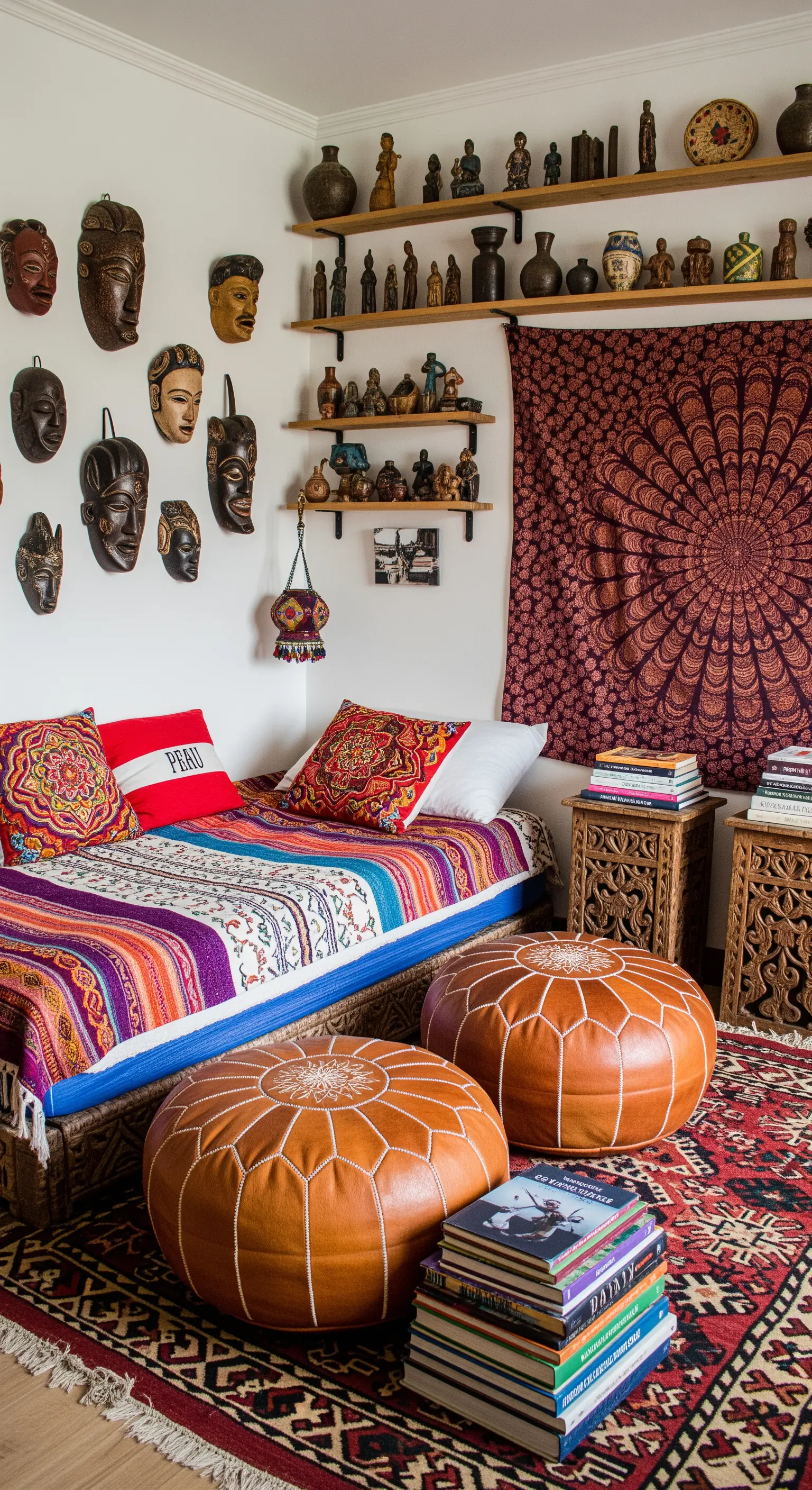 Globetrotter-Leseecke mit Reisemitbringseln, Masken, Wandteppich und Lederpoufs.