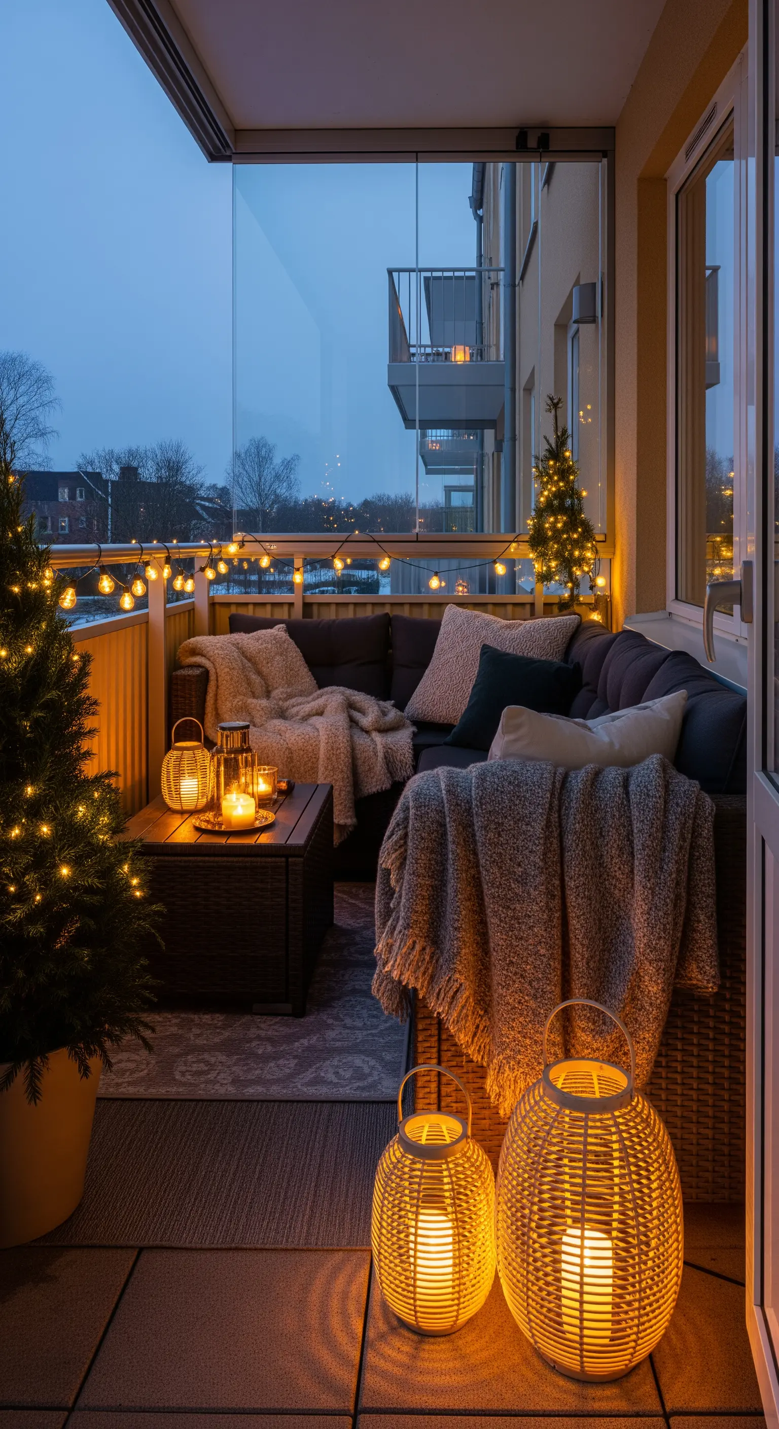 Gemütlich beleuchteter Balkon mit Lichterketten, Laternen, Kerzen und warmen Decken.