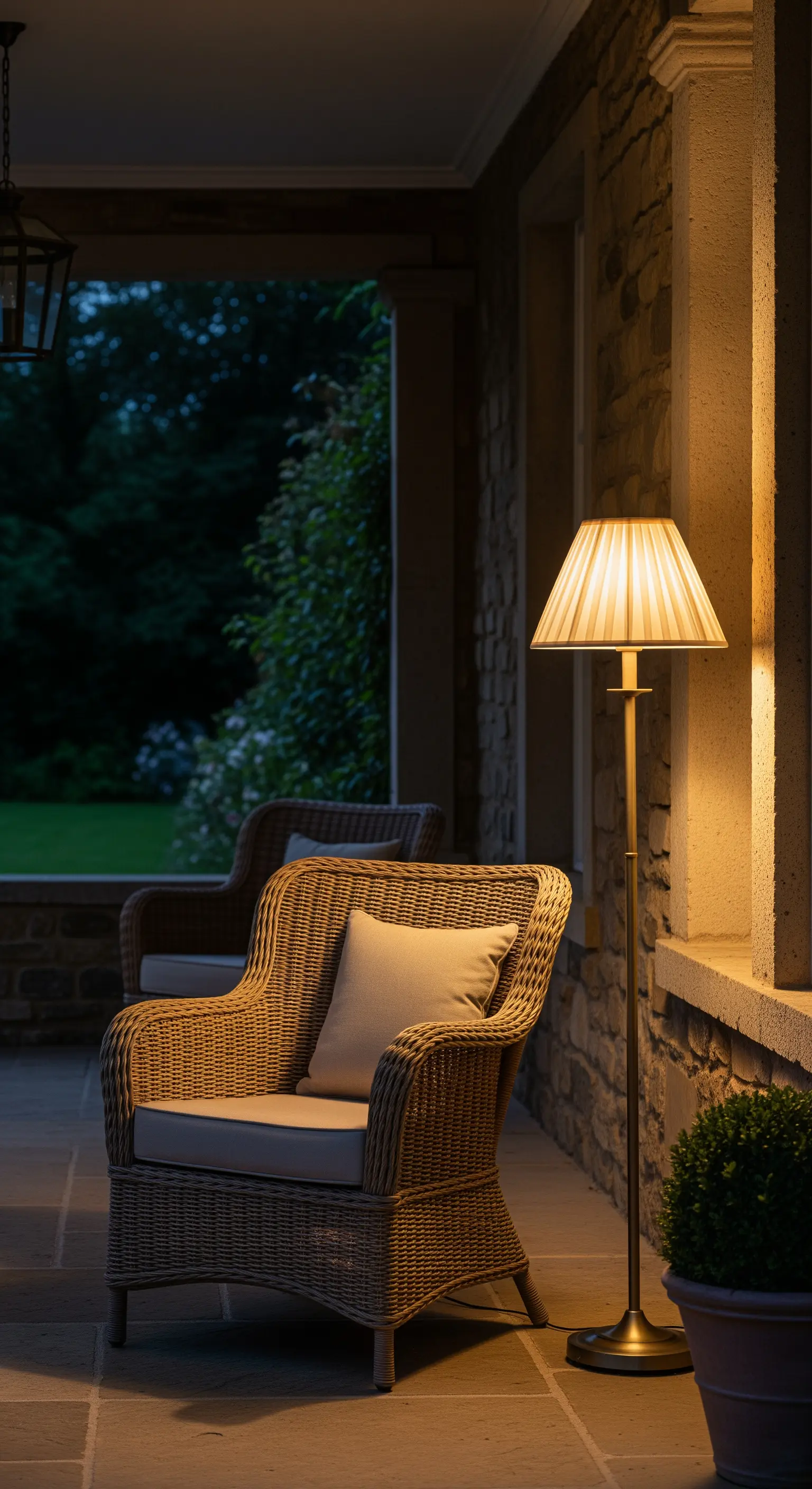 Eine elegante Stehlampe mit Plissee-Schirm steht neben einem Korbsessel auf einer überdachten Terrasse.