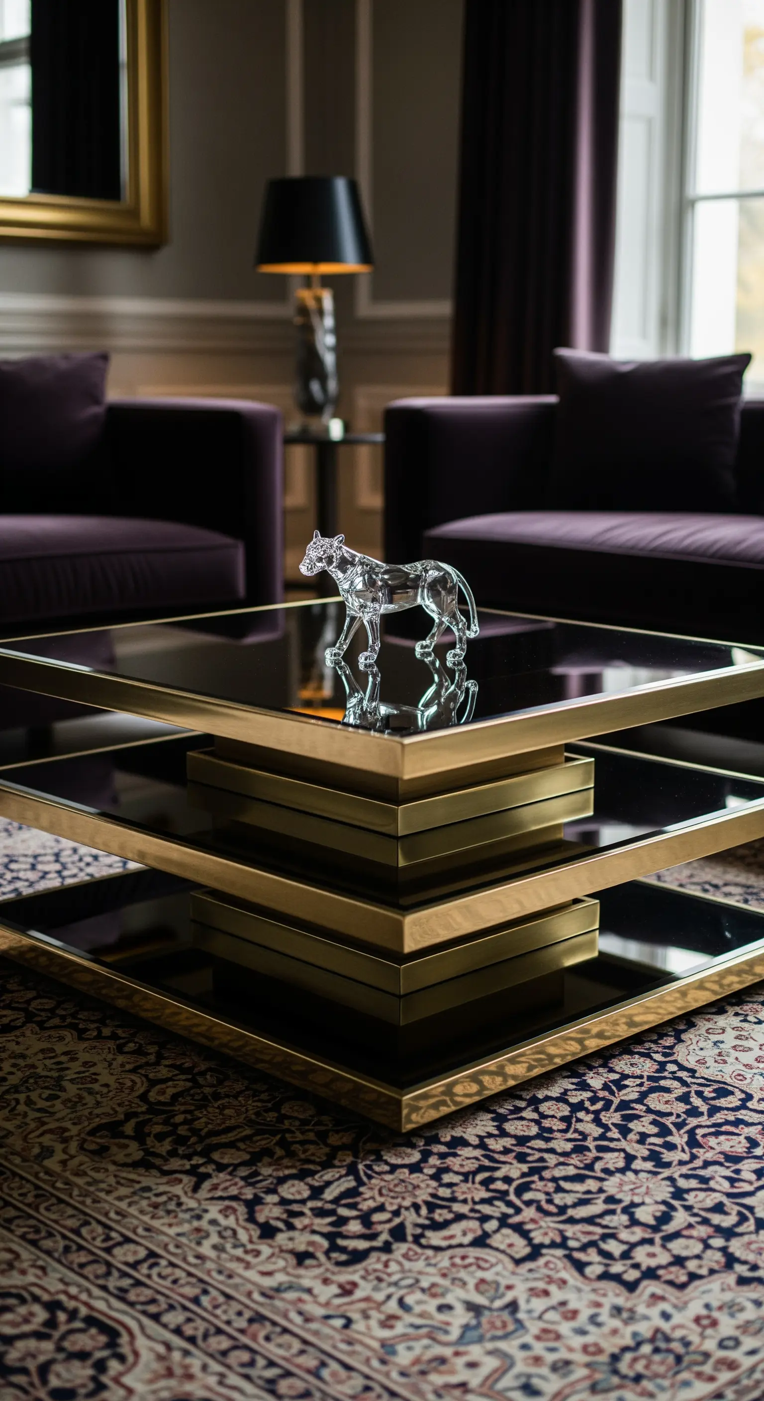 Gestufter Couchtisch mit goldenem Rahmen und schwarzen Spiegelplatten, darauf eine Kristallfigur.