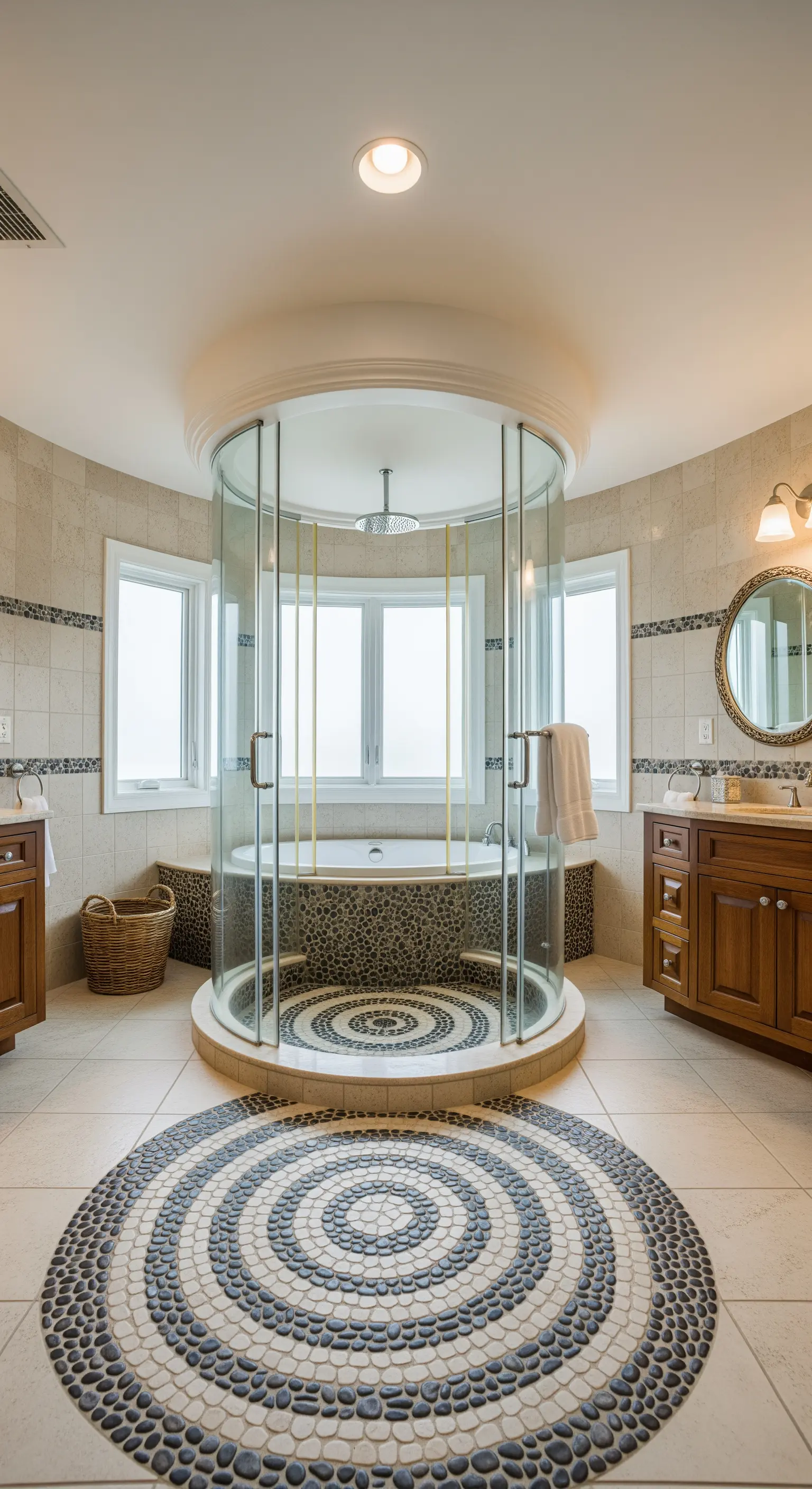 Zentrale, runde Glasdusche mit einem Kieselstein-Mosaik auf dem Boden