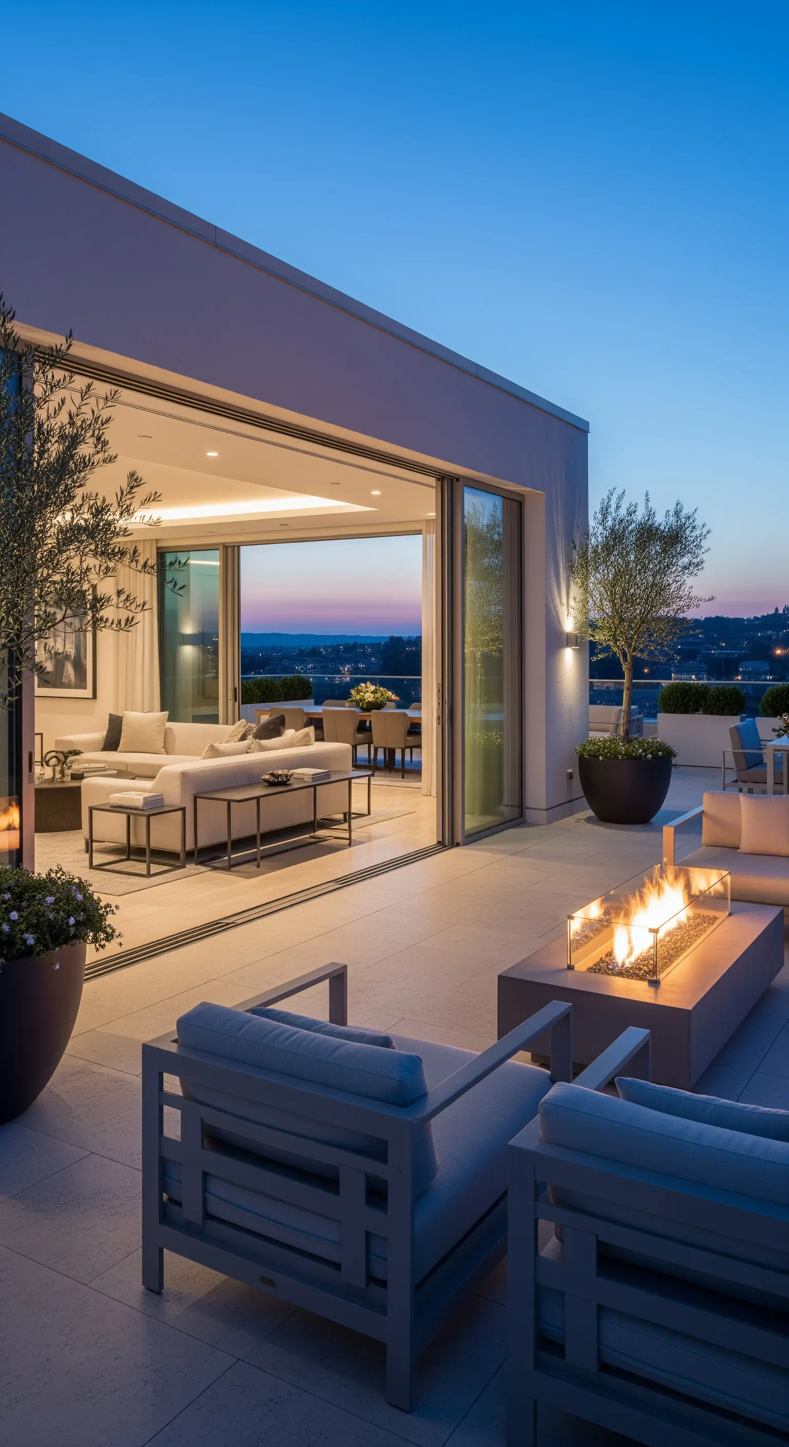 Moderne Dachterrasse bei Dämmerung mit Lounge-Möbeln und einem Gaskamin-Tisch.