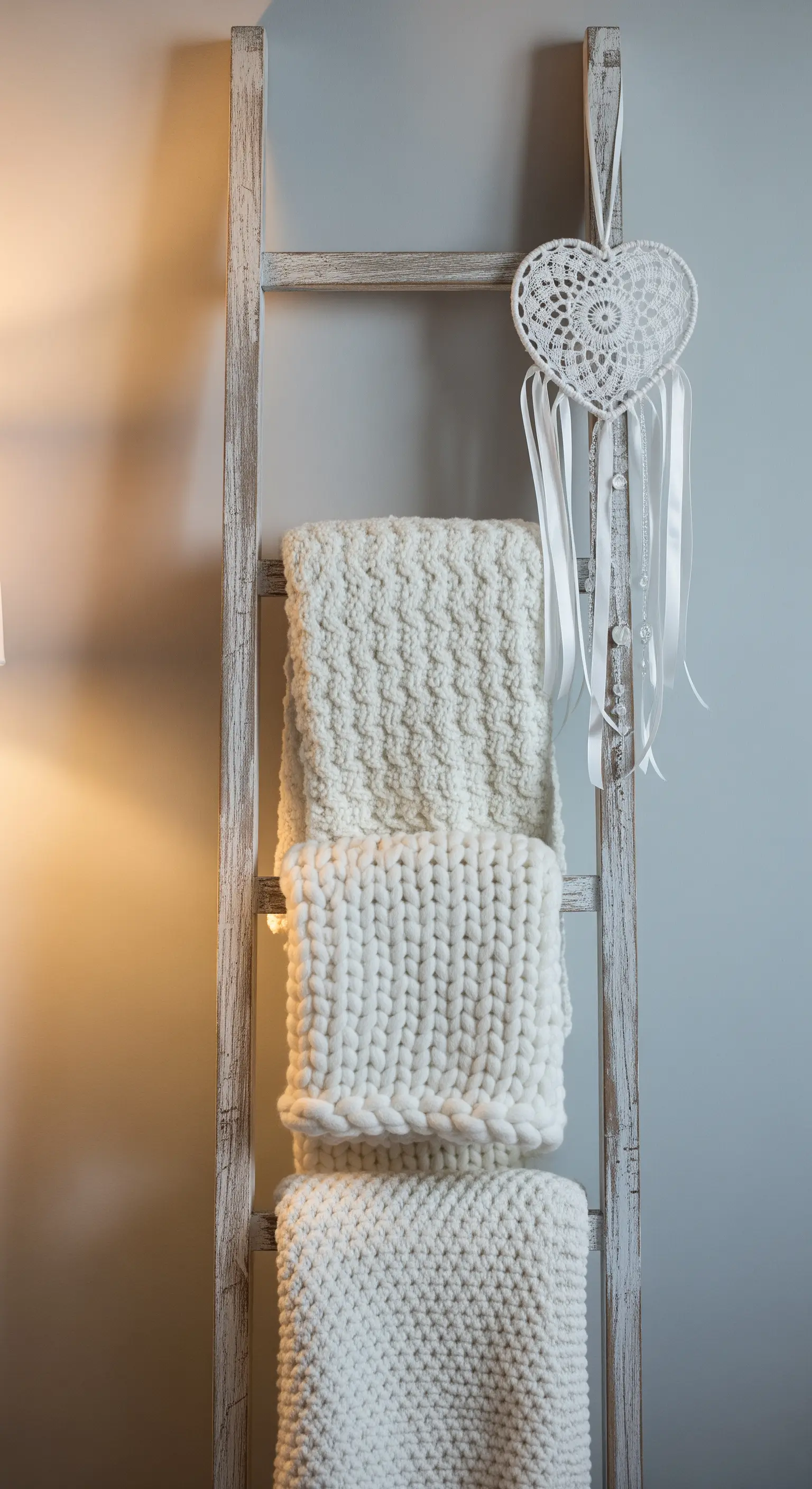 Weiße Holzleiter mit gestrickten Decken und einem kleinen Makramee-Herz