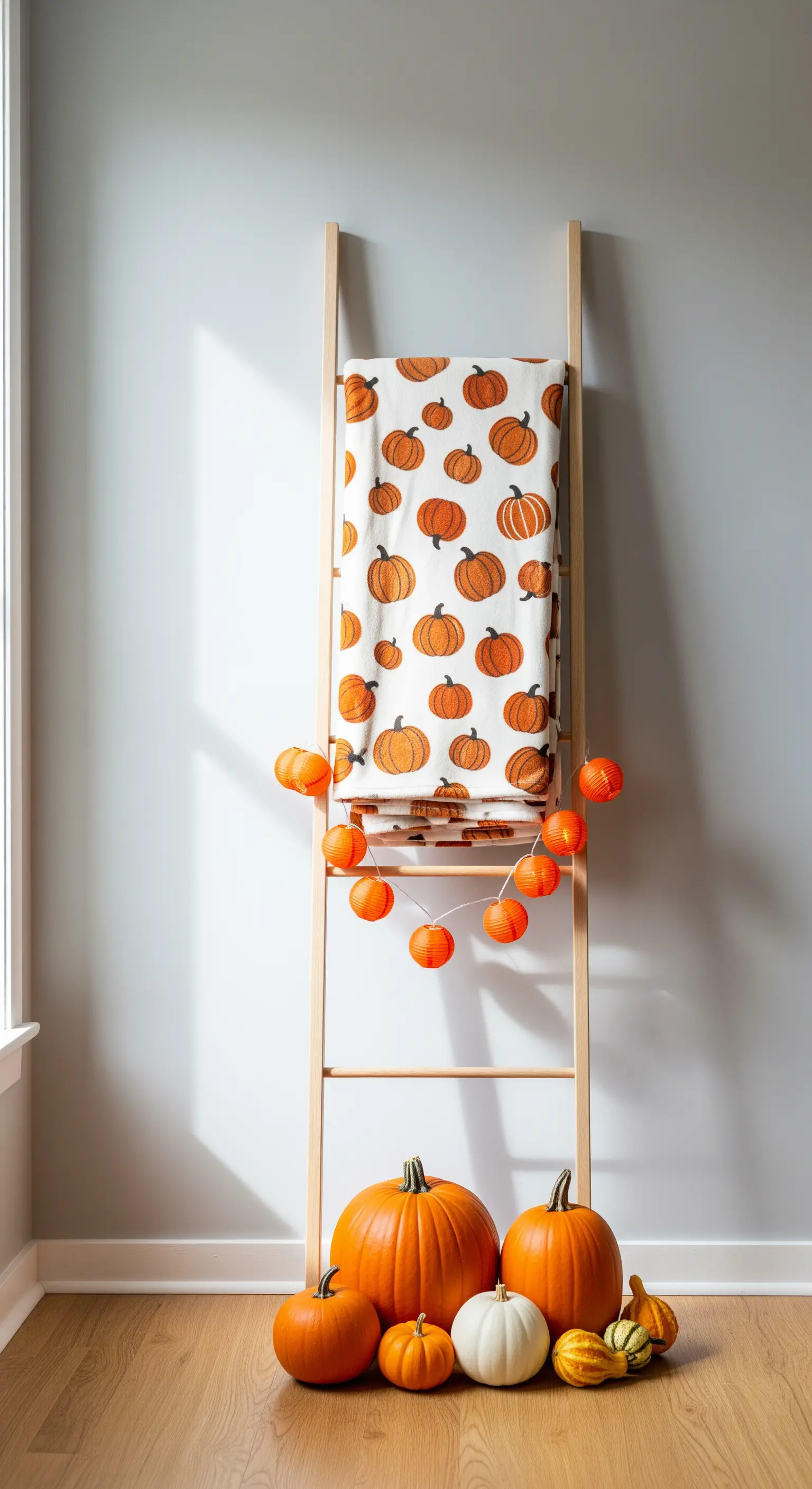 Deckenleiter mit Kürbisdecke, Lichterkette und Bodendekoration aus Kürbissen