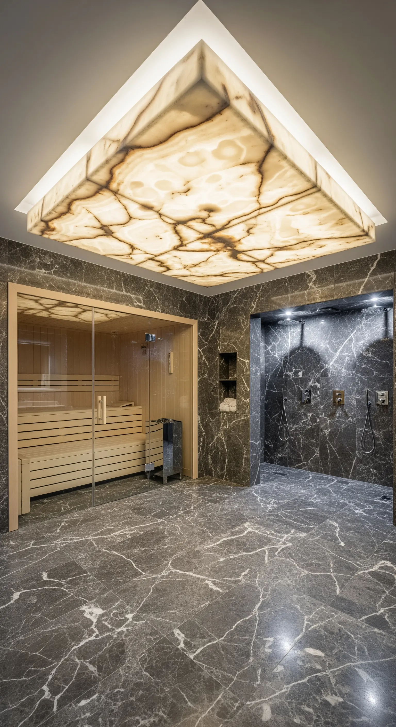 Onyx-Deckenpaneel, Sauna, Marmorboden, Duschen