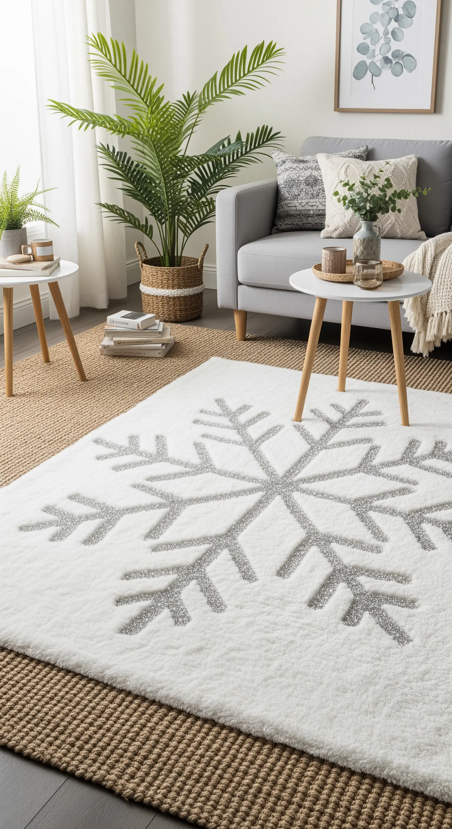 Weißer, flauschiger Teppich mit großem grauen Schneeflocken-Motiv in einem hellen Wohnzimmer