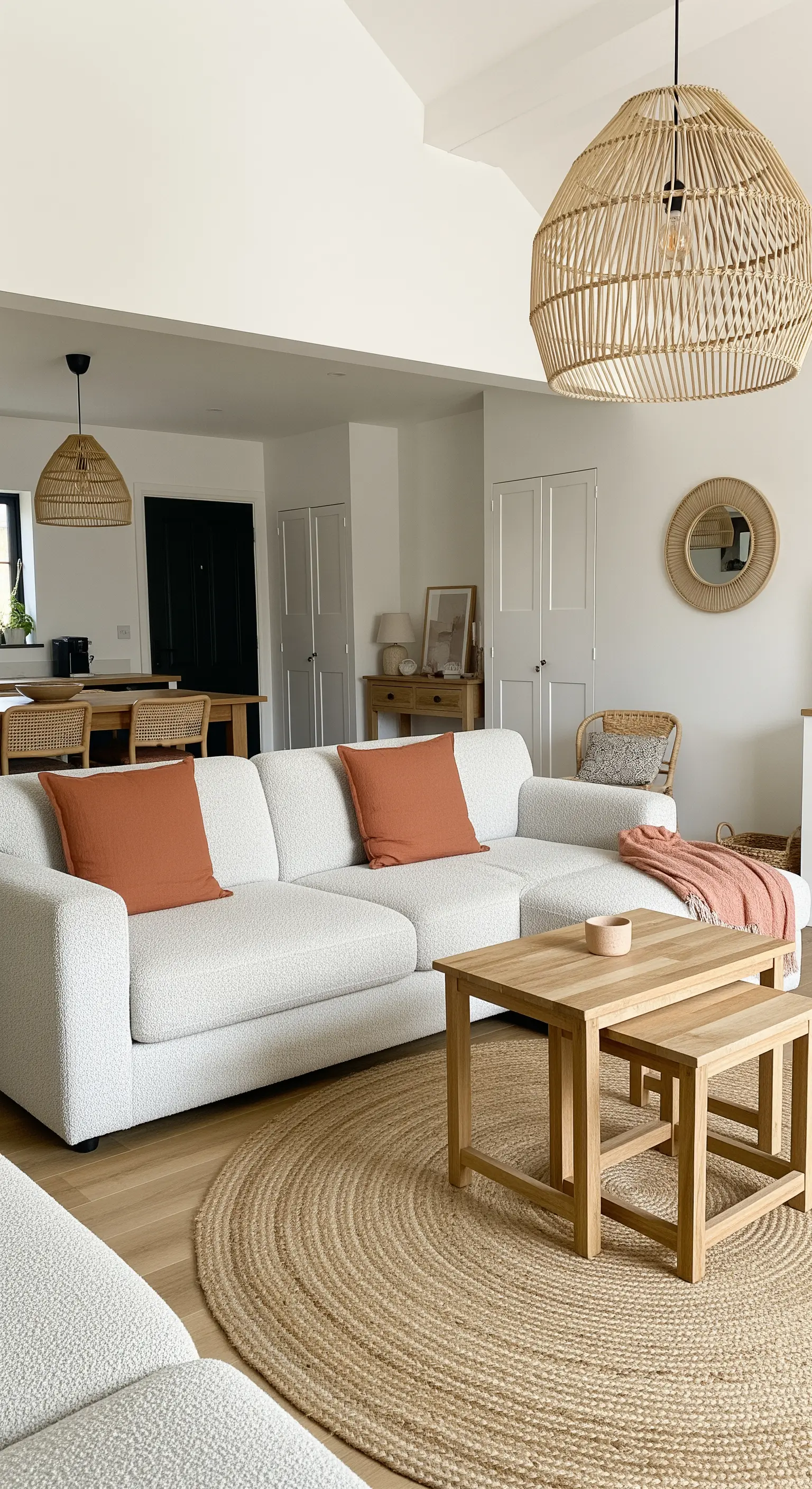 Wohnzimmer mit weißem Sofa, großem Rattan-Lampenschirm und rundem Jute-Teppich