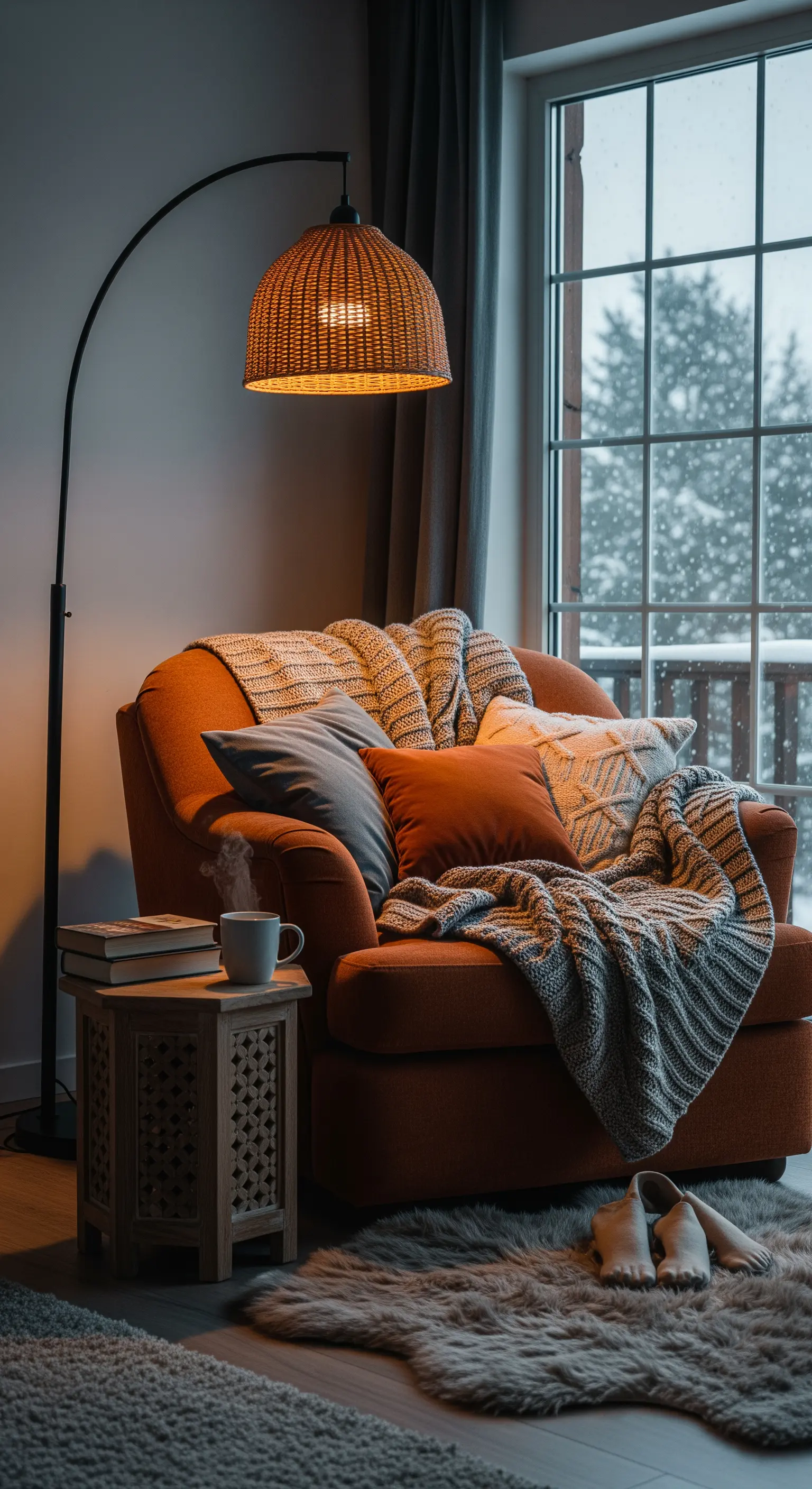 Gemütlicher Sessel neben einem Fenster mit einer Bogenlampe, Kissen und einer Tasse Tee