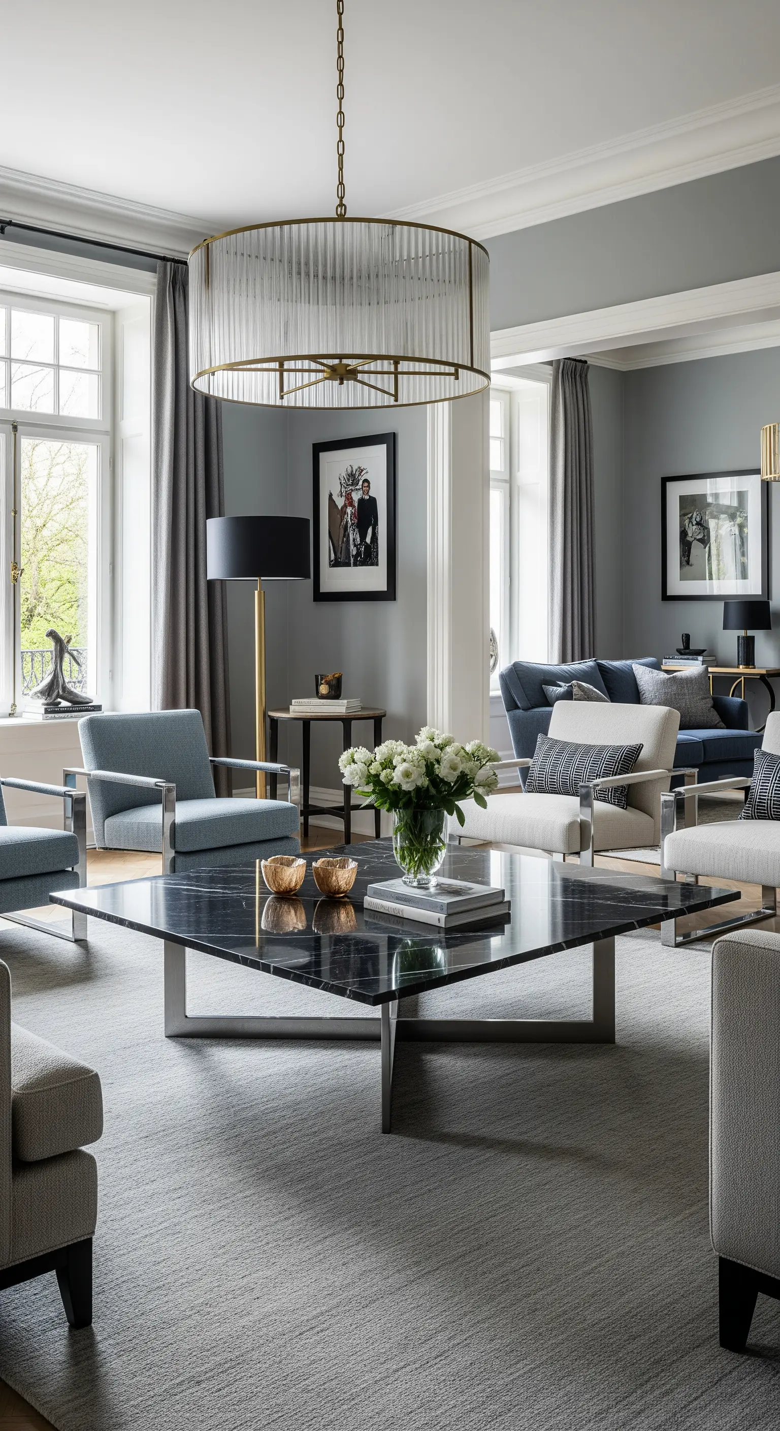 Großer quadratischer Marmortisch umgeben von mehreren Sesseln in einem grauen Wohnzimmer.