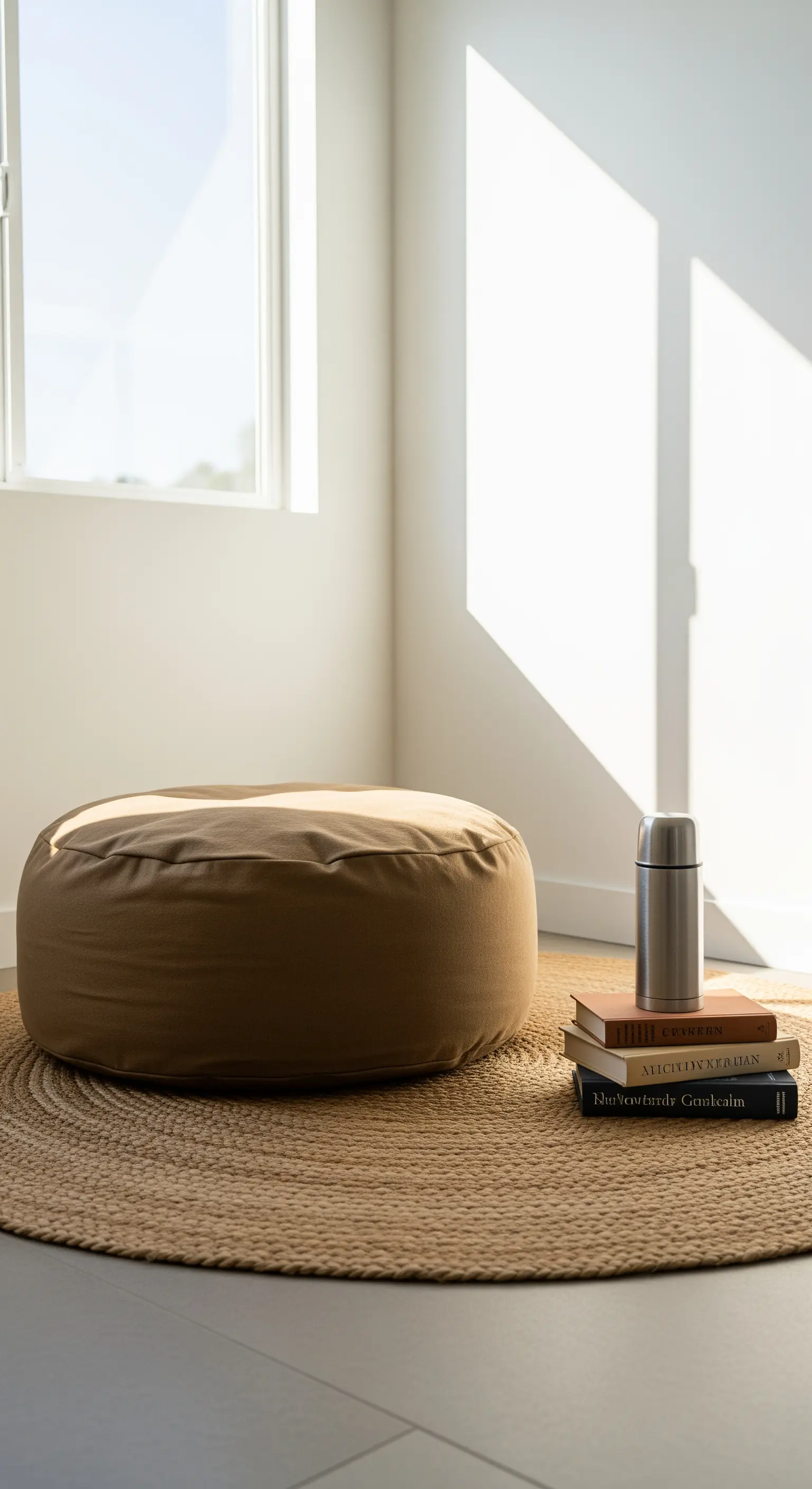 Eine kleine Lese-Ecke auf einem runden Jute-Teppich mit Bodenkissen und Büchern.