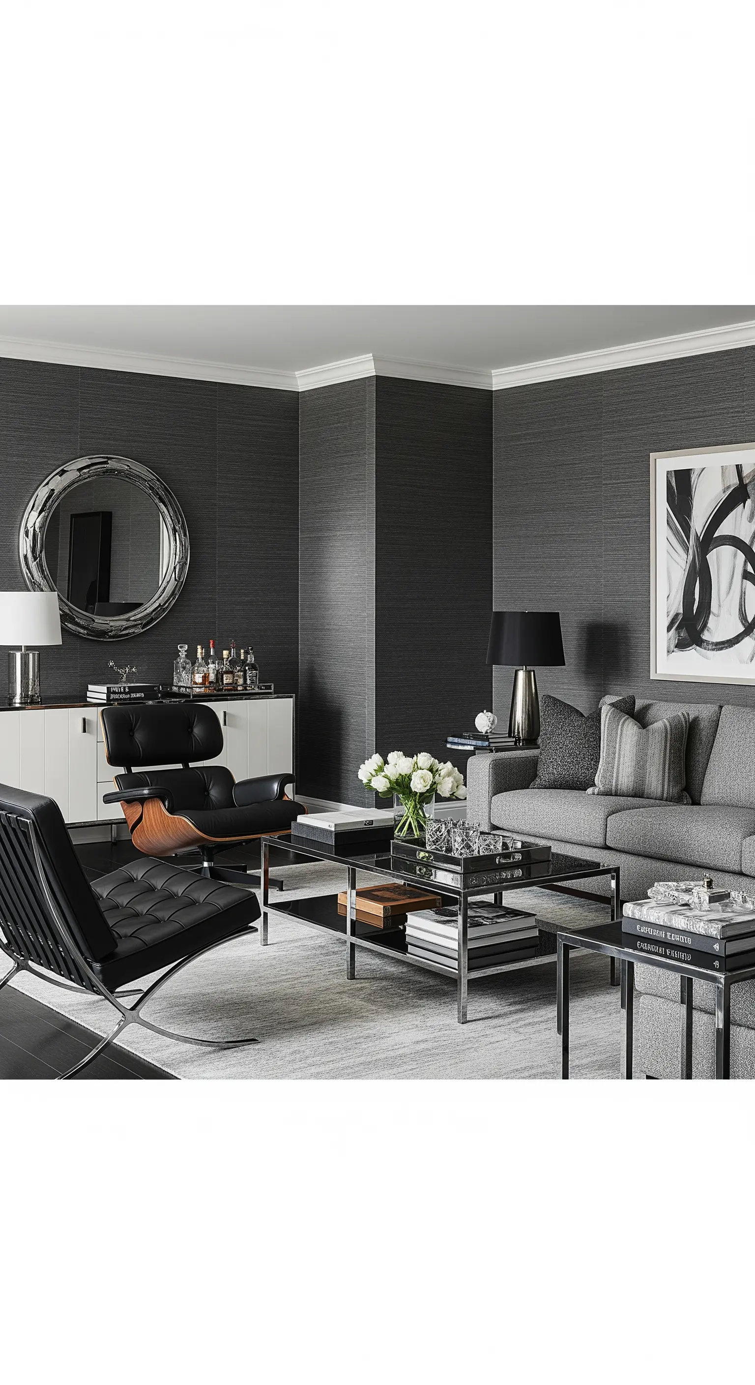 Elegantes, dunkles Wohnzimmer mit texturierter Tapete, Designklassikern und Chromelementen.