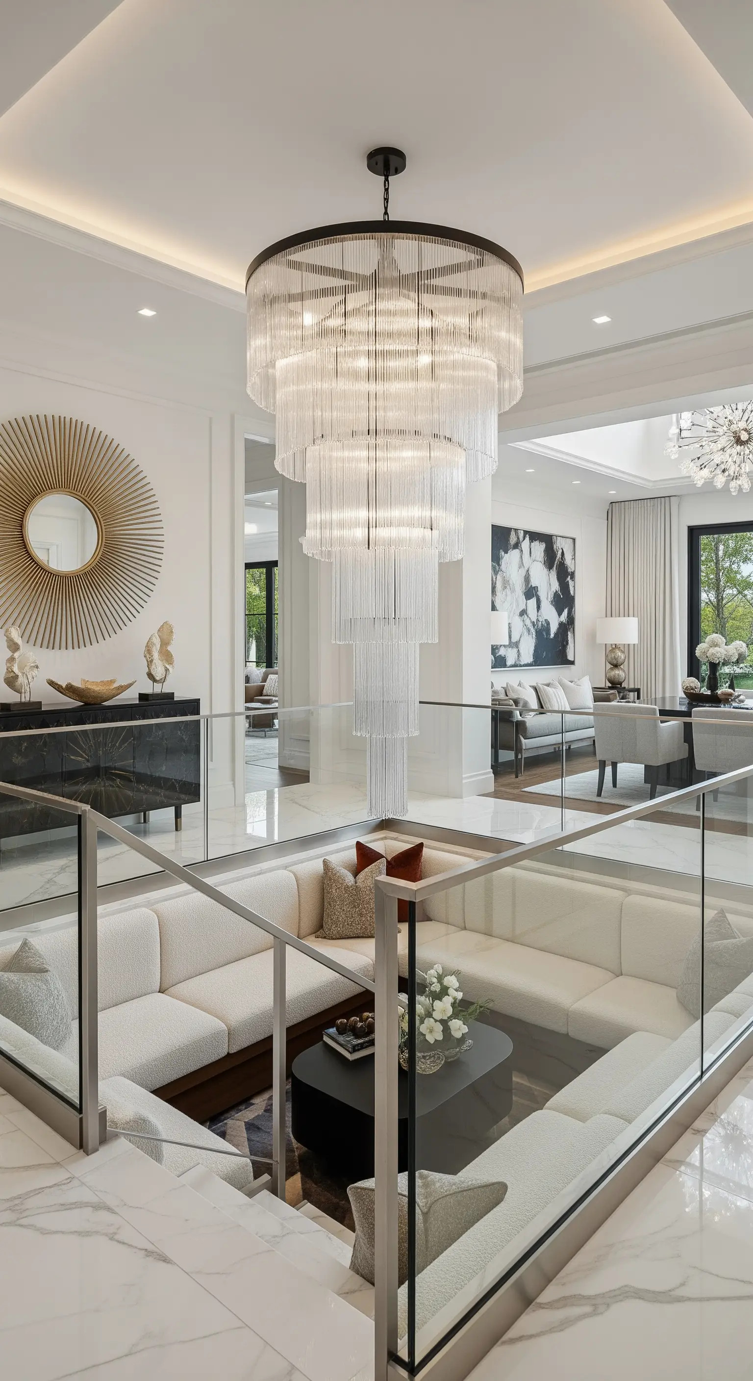 Mehrstöckiger Glasstab-Kronleuchter über einer abgesenkten Sitzecke in einem modernen Haus.