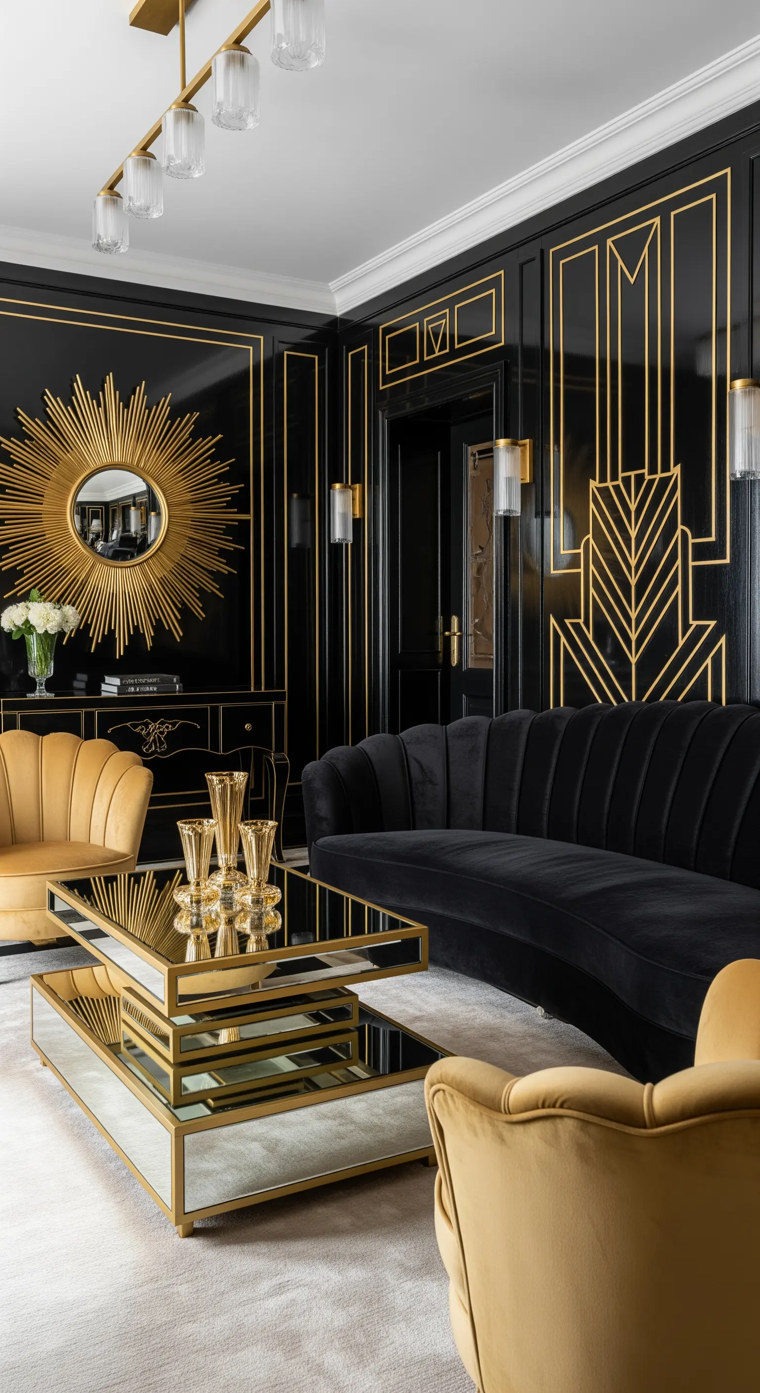 Art-Déco-Wohnzimmer mit hochglänzenden schwarzen Wänden, die mit geometrischen Goldlinien verziert sind.