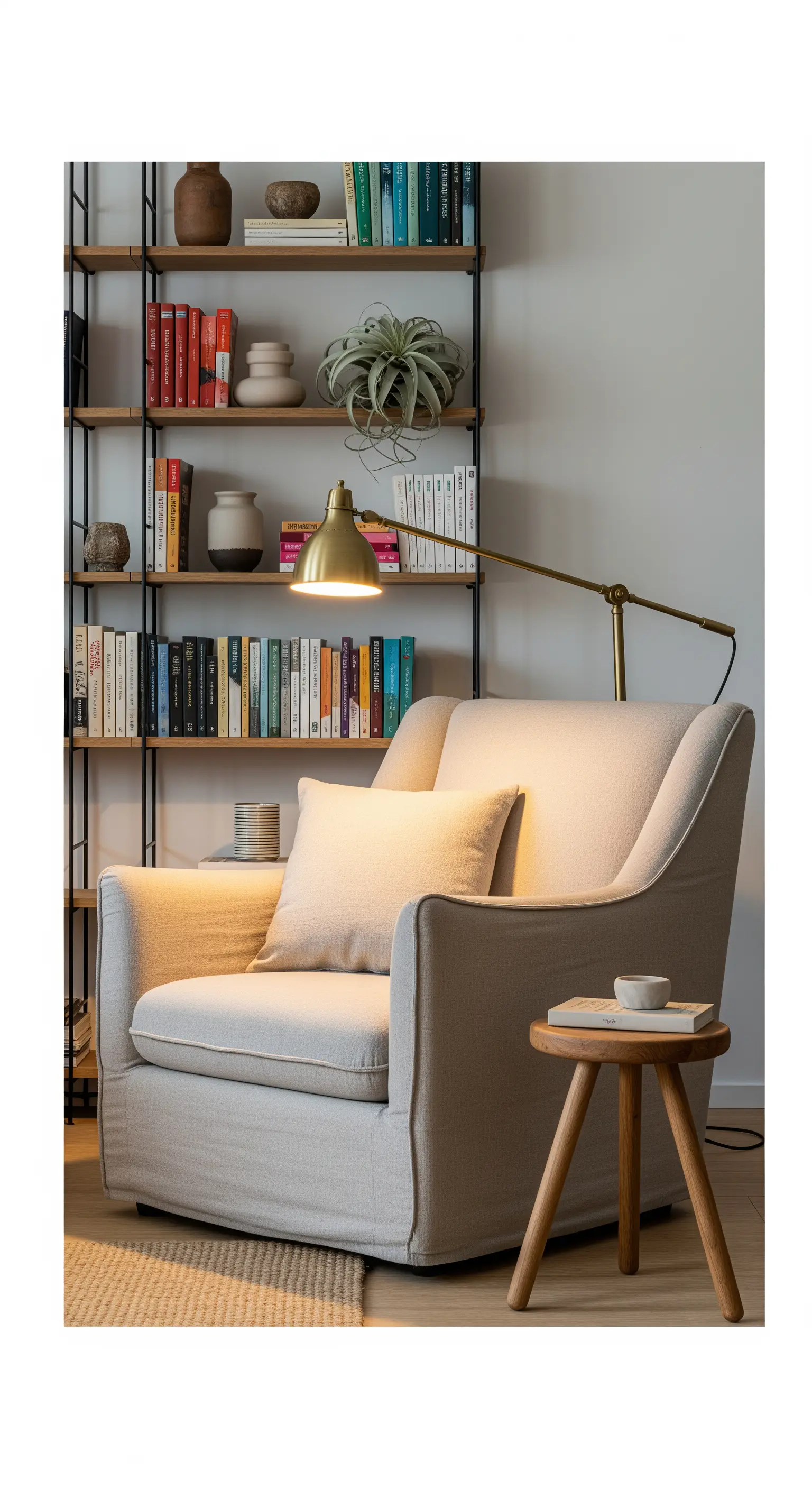 Beigefarbener Sessel neben einem Bücherregal, beleuchtet von einer warmen Messing-Leselampe.
