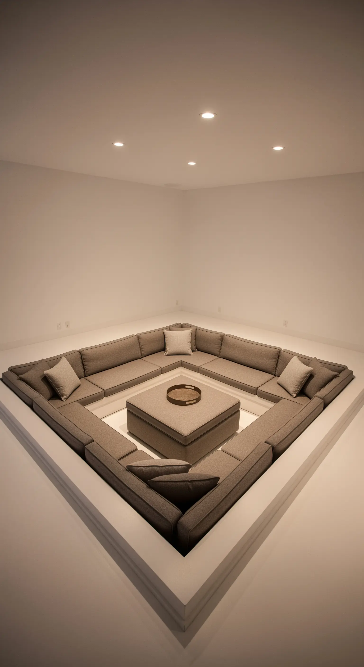 Eine moderne, in den Boden eingelassene Sitzecke mit grauen Polstern