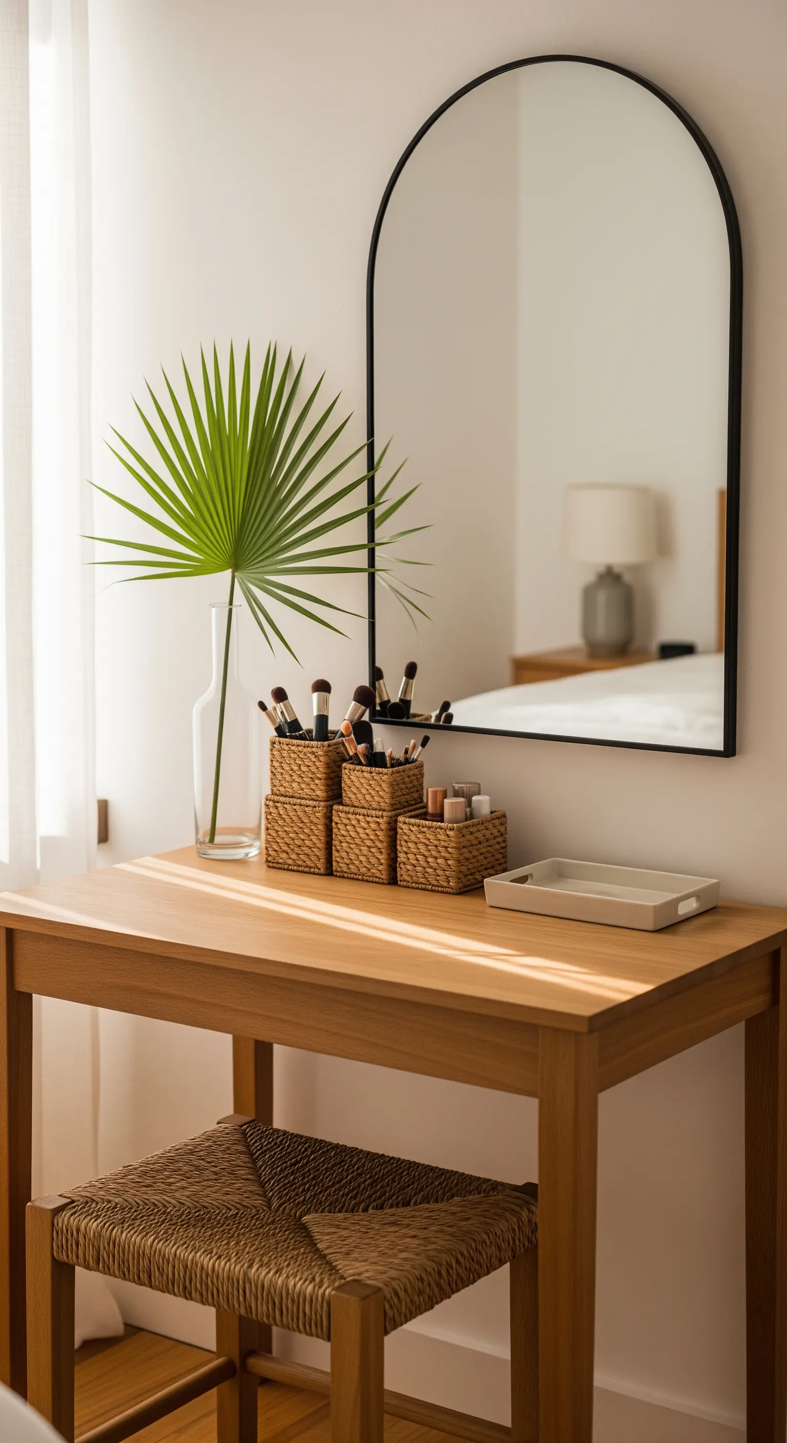Schminktisch mit Korborganizern und einem Palmblatt in einer Vase