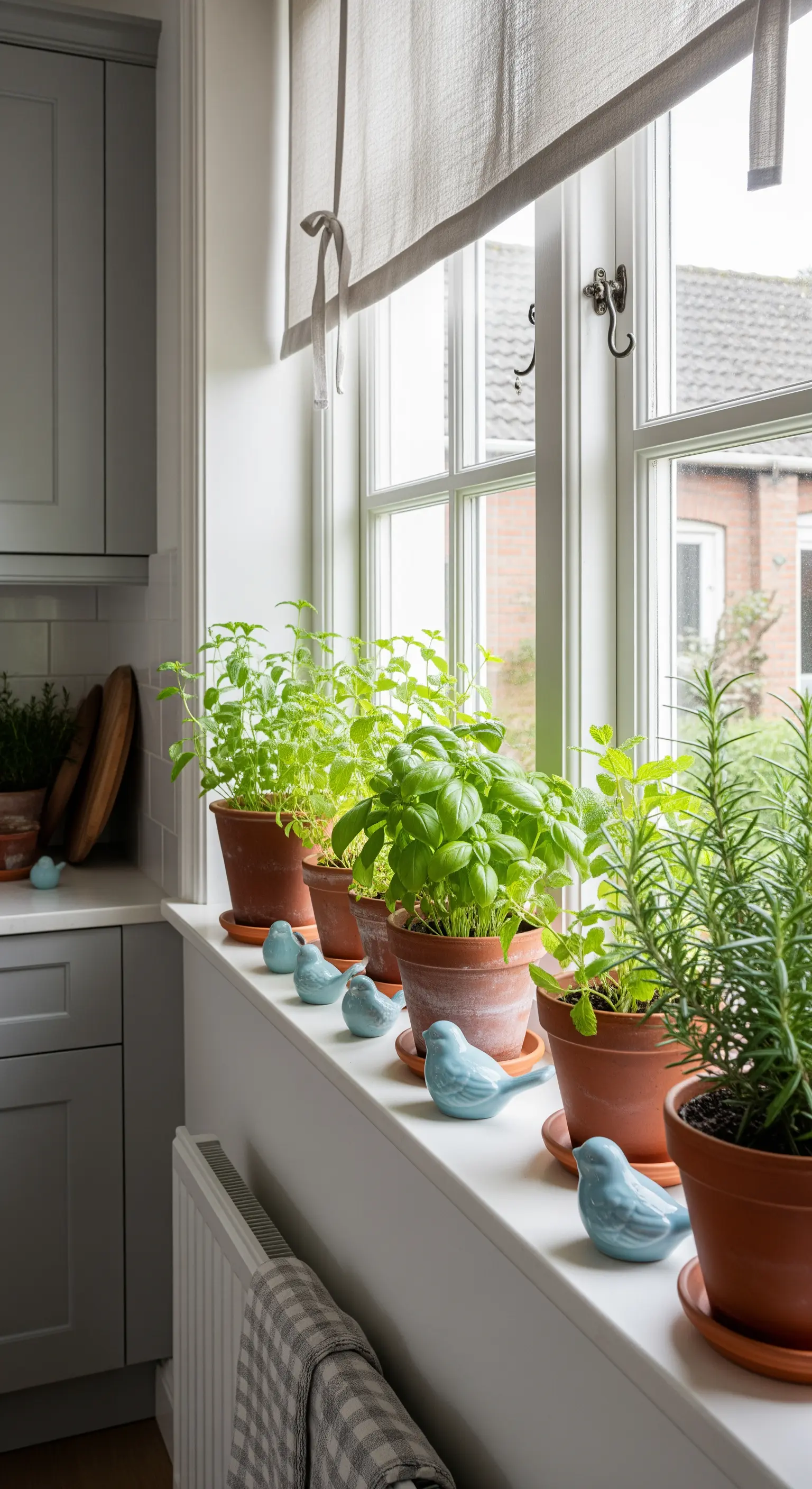 Kräuter in Terrakottatöpfen auf einer hellen Küchenfensterbank mit kleinen Vogelfiguren