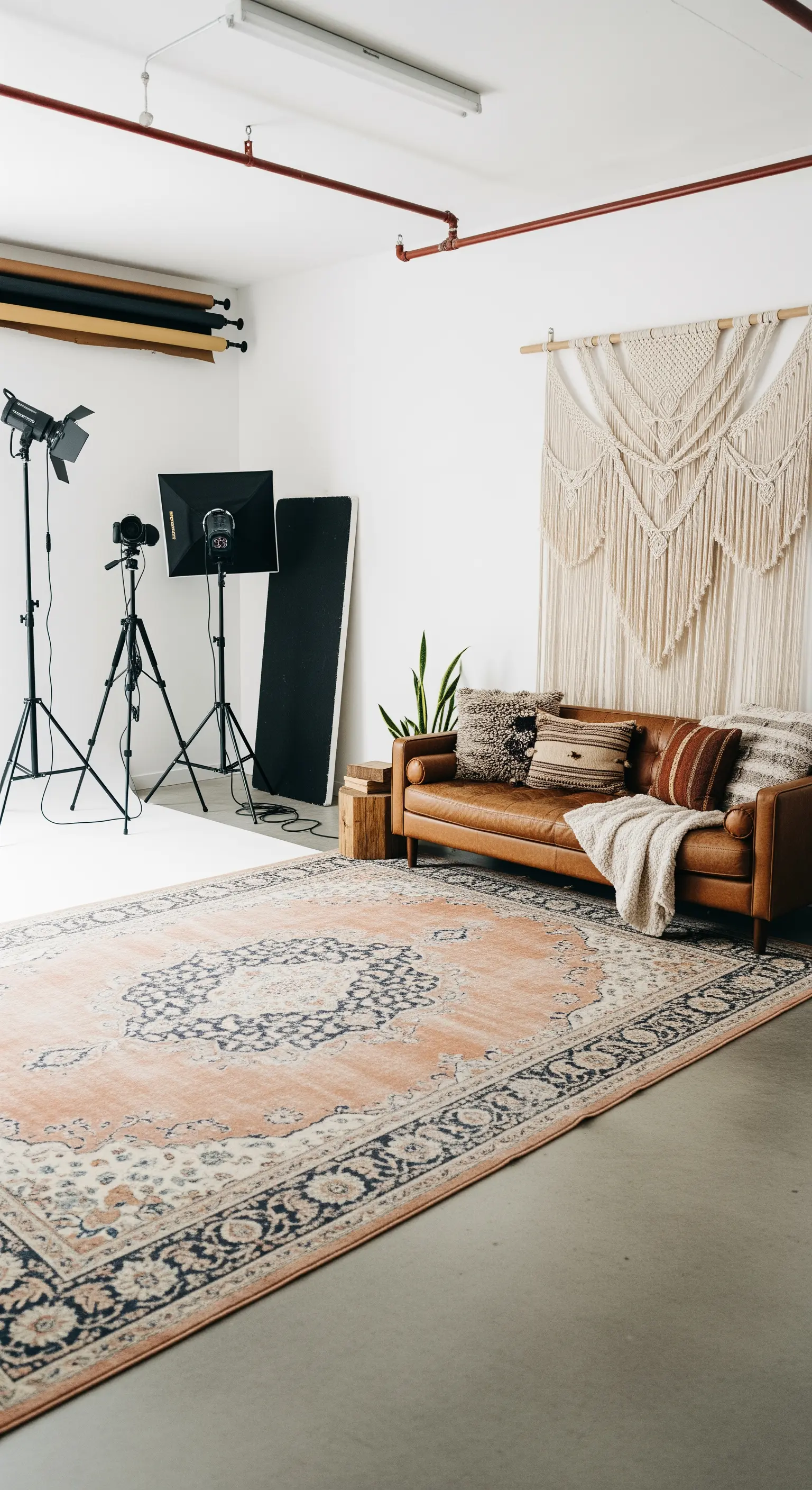Ecke eines Fotostudios, die als gemütliche Lounge mit Ledersofa und Makramee-Wandbehang eingerichtet ist.