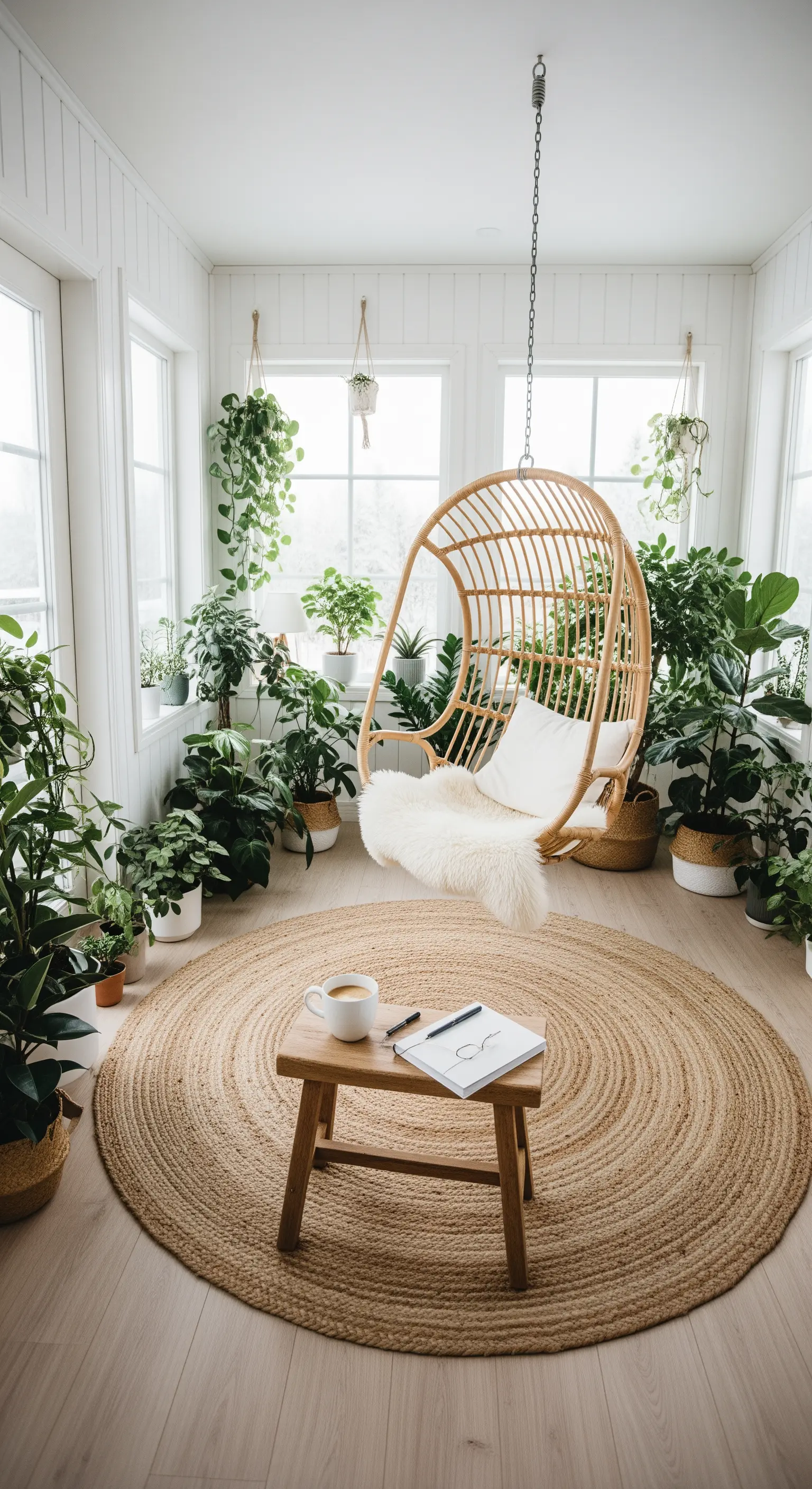Heller Wintergarten mit Rattan-Hängesessel, Jute-Teppich und vielen Zimmerpflanzen.