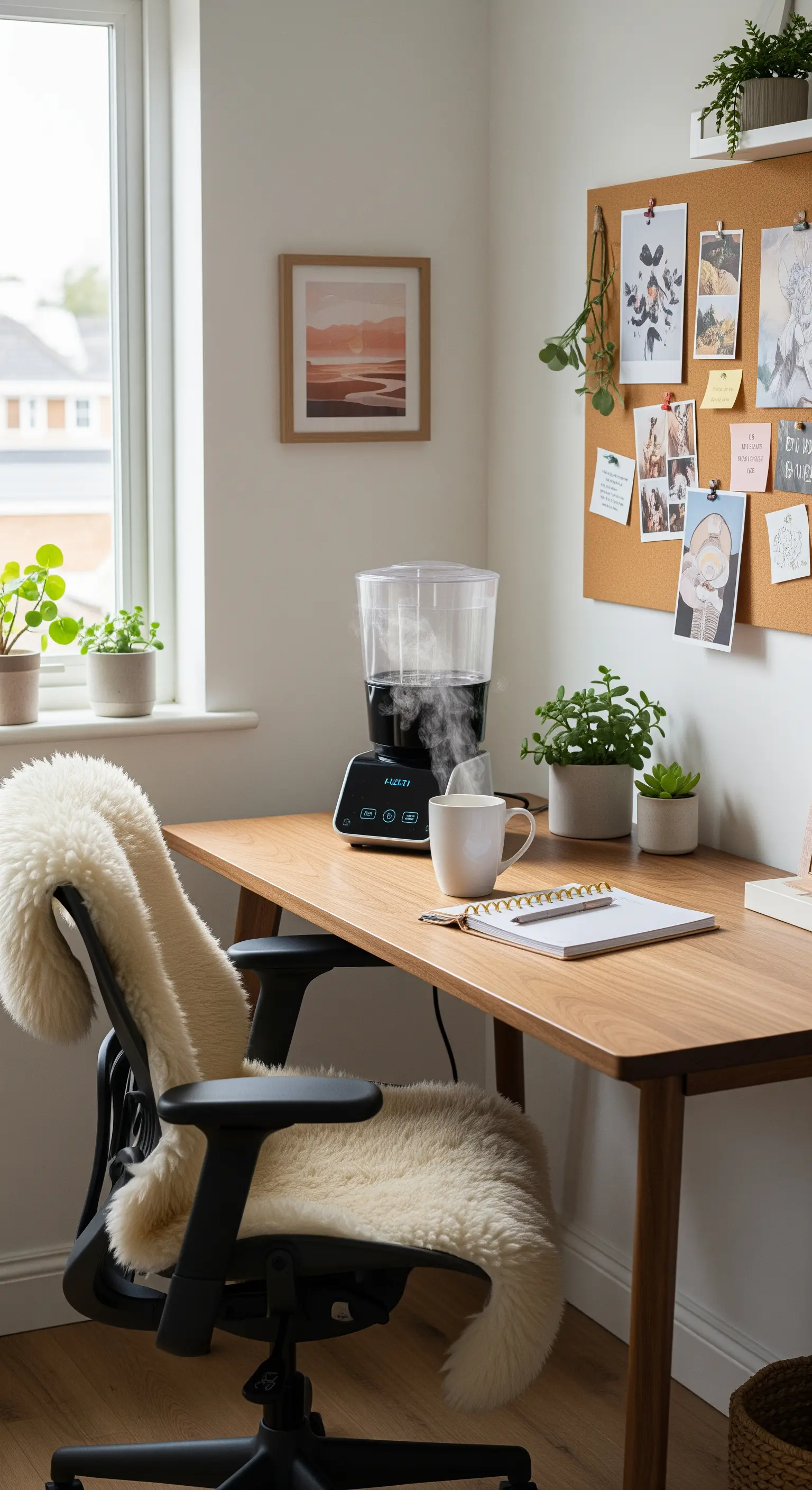 Aufgeräumter Schreibtisch mit Kork-Pinnwand, Schaffell auf dem Stuhl und kleinen Pflanzen.