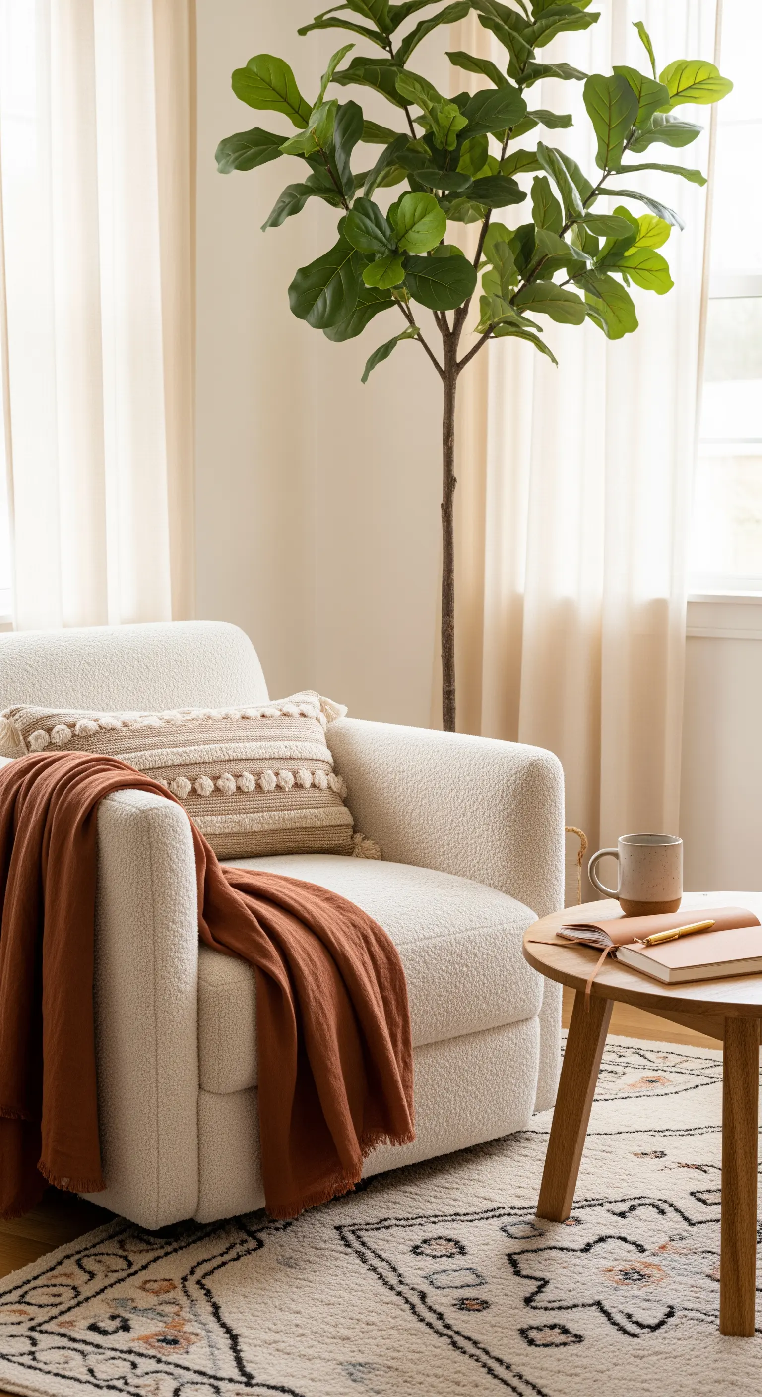 Boho-Leseecke mit cremefarbenem Sessel, rostbrauner Decke und Feigenbaum.