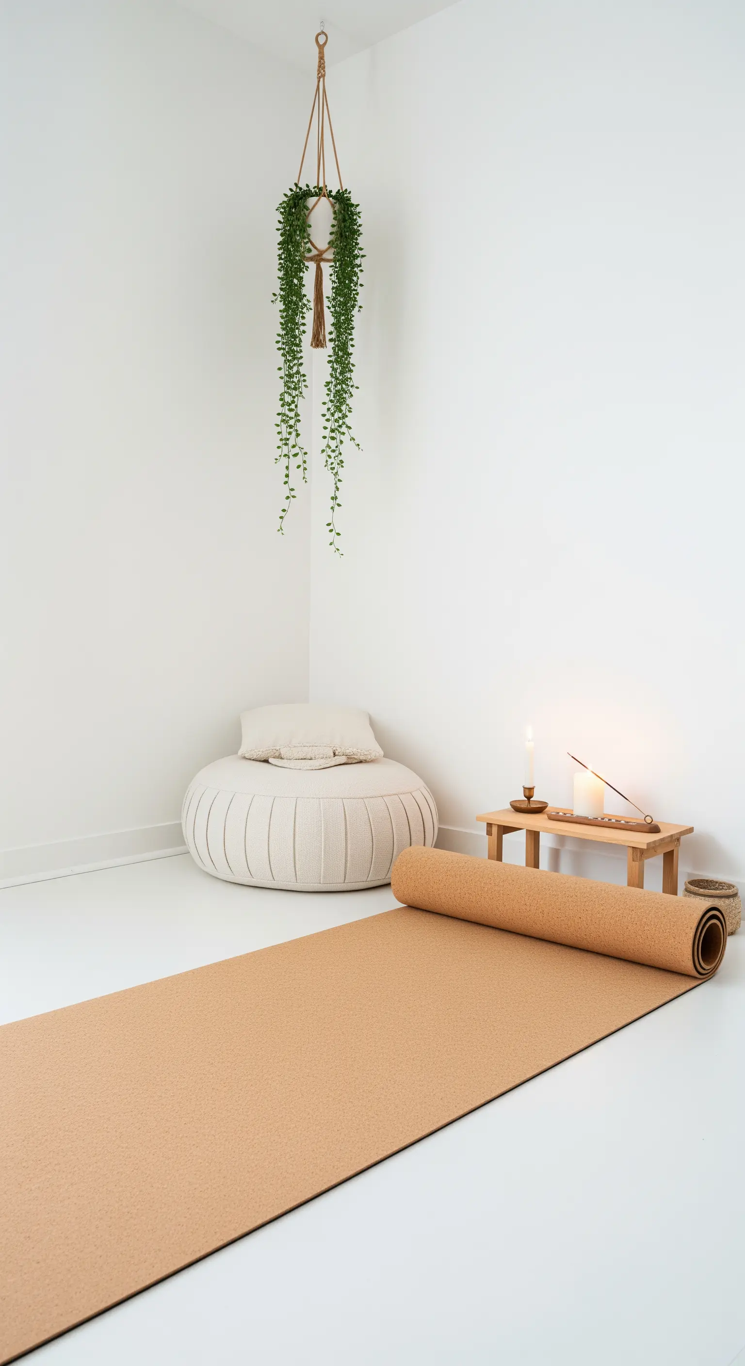 Eine minimalistische Yoga-Ecke mit Korkmatte, Kerzen und einer Hängepflanze.