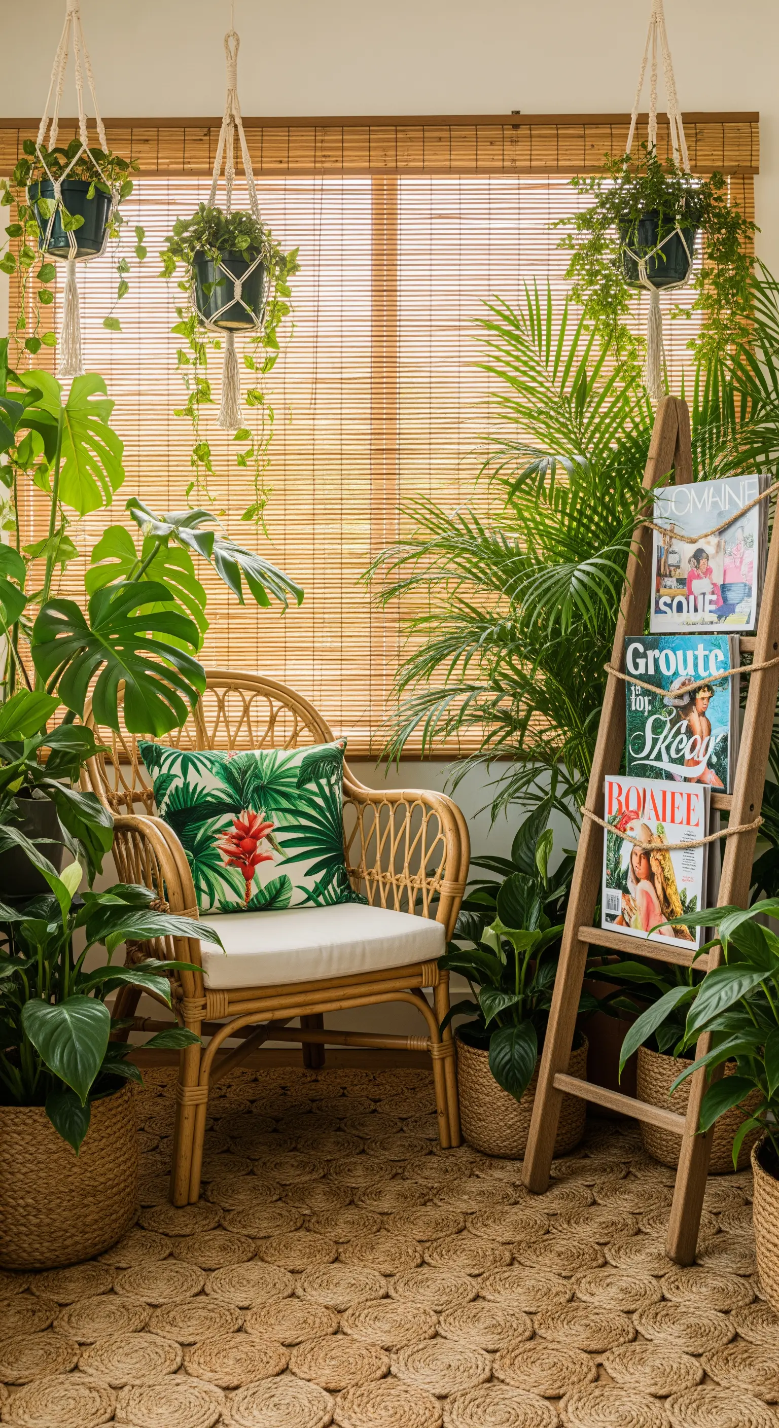 Leseecke mit Rattansessel, umgeben von vielen Zimmerpflanzen und Bambus-Jalousie.