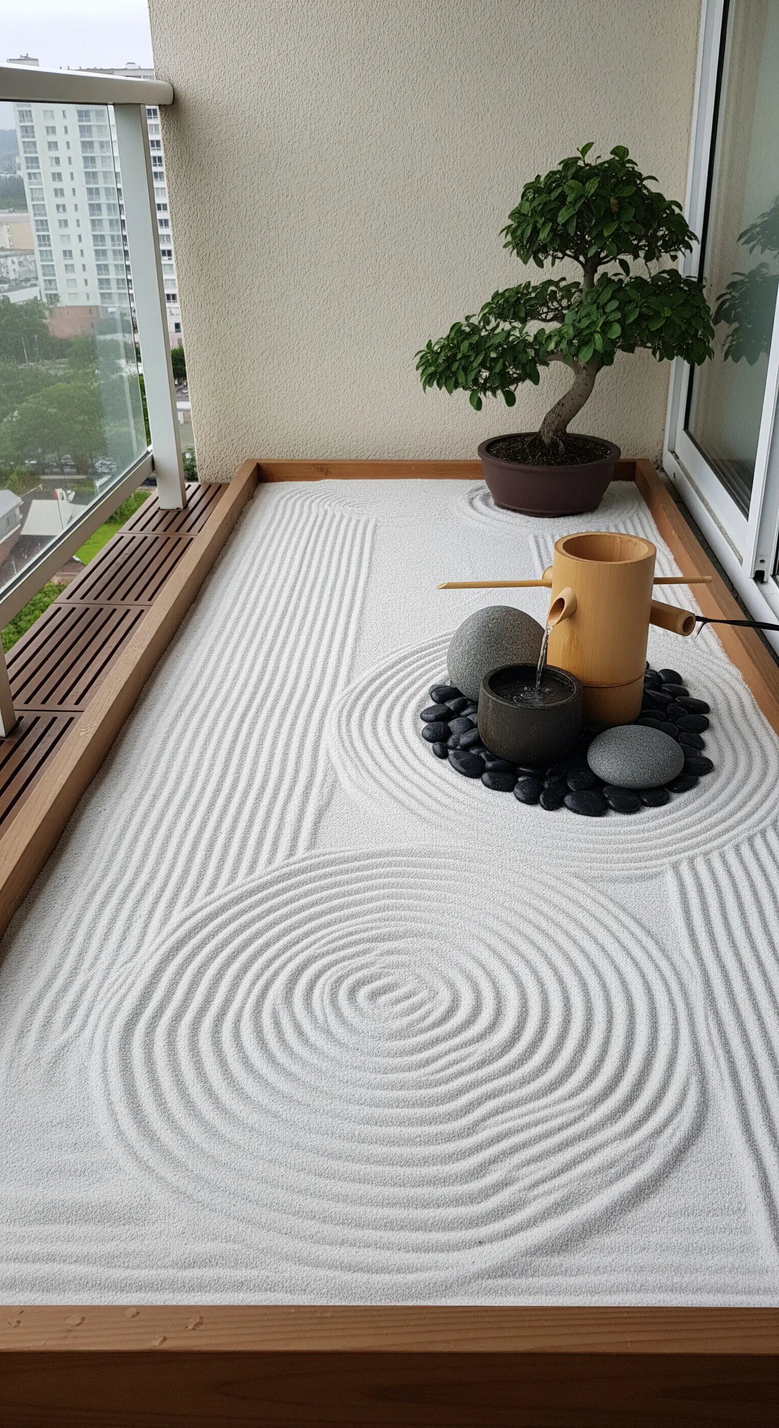 Minimalistischer Zen-Garten auf einem Balkon mit geharktem Sand, Steinen und Bonsai.