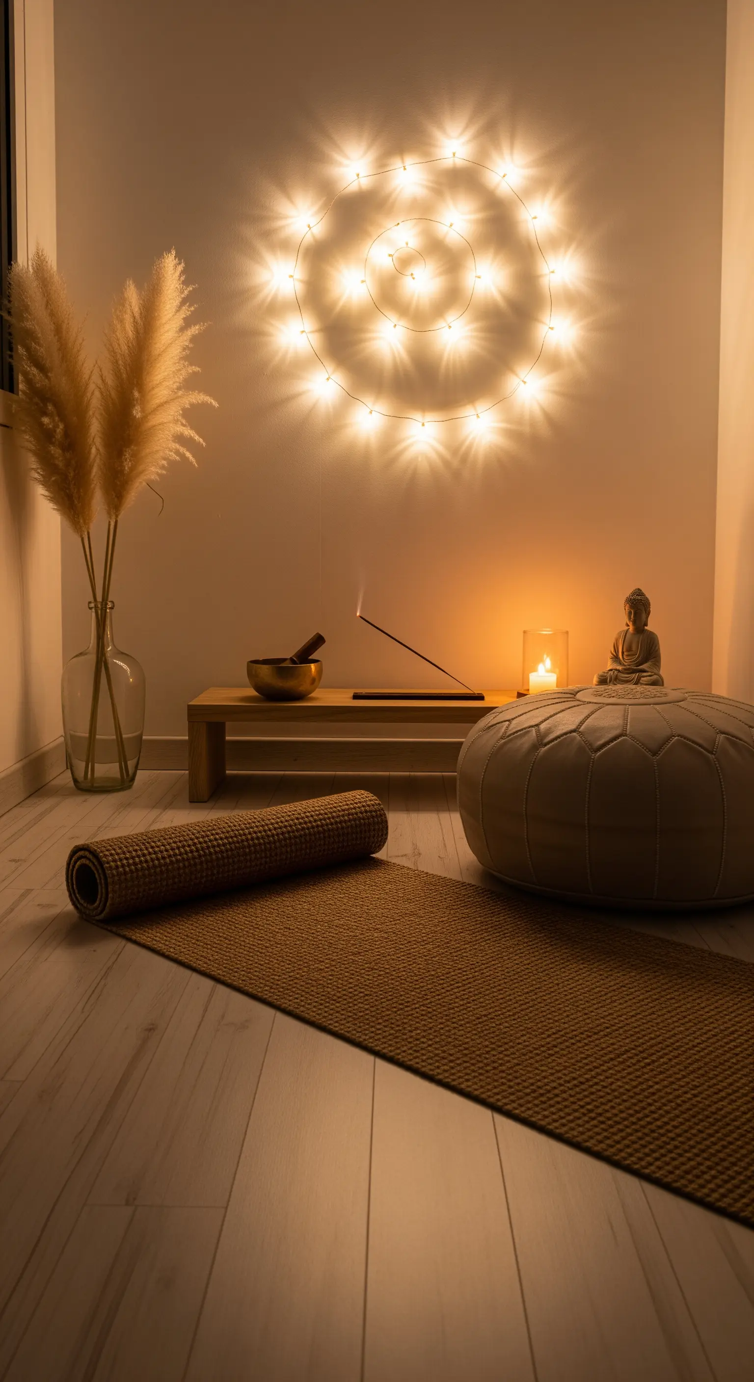 Yoga-Ecke auf einem Balkon mit einem Licht-Mandala aus einer Lichterkette