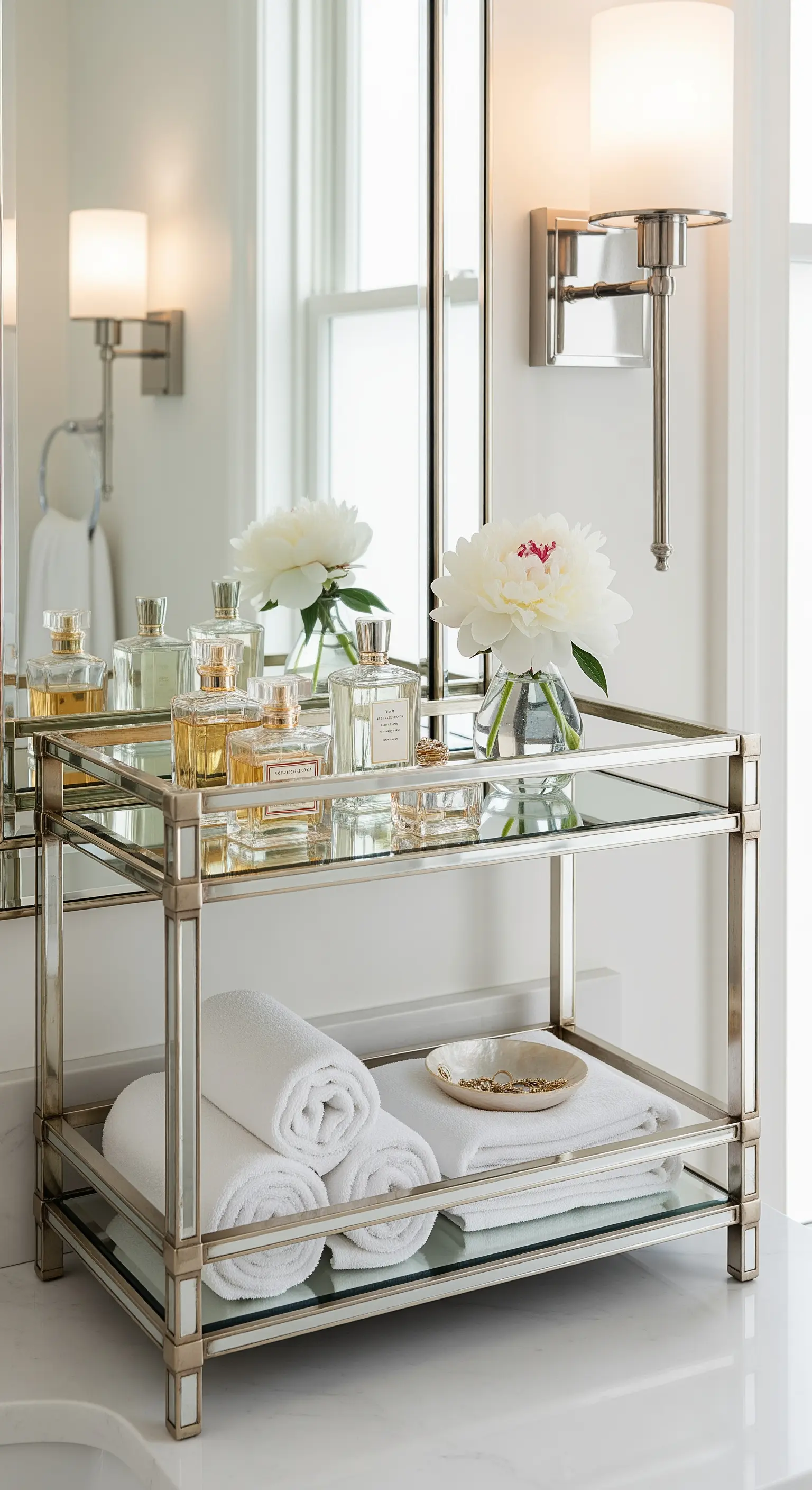 Glamouröse Badezimmer-Etagere aus Glas und Metall mit Parfums und Handtüchern.