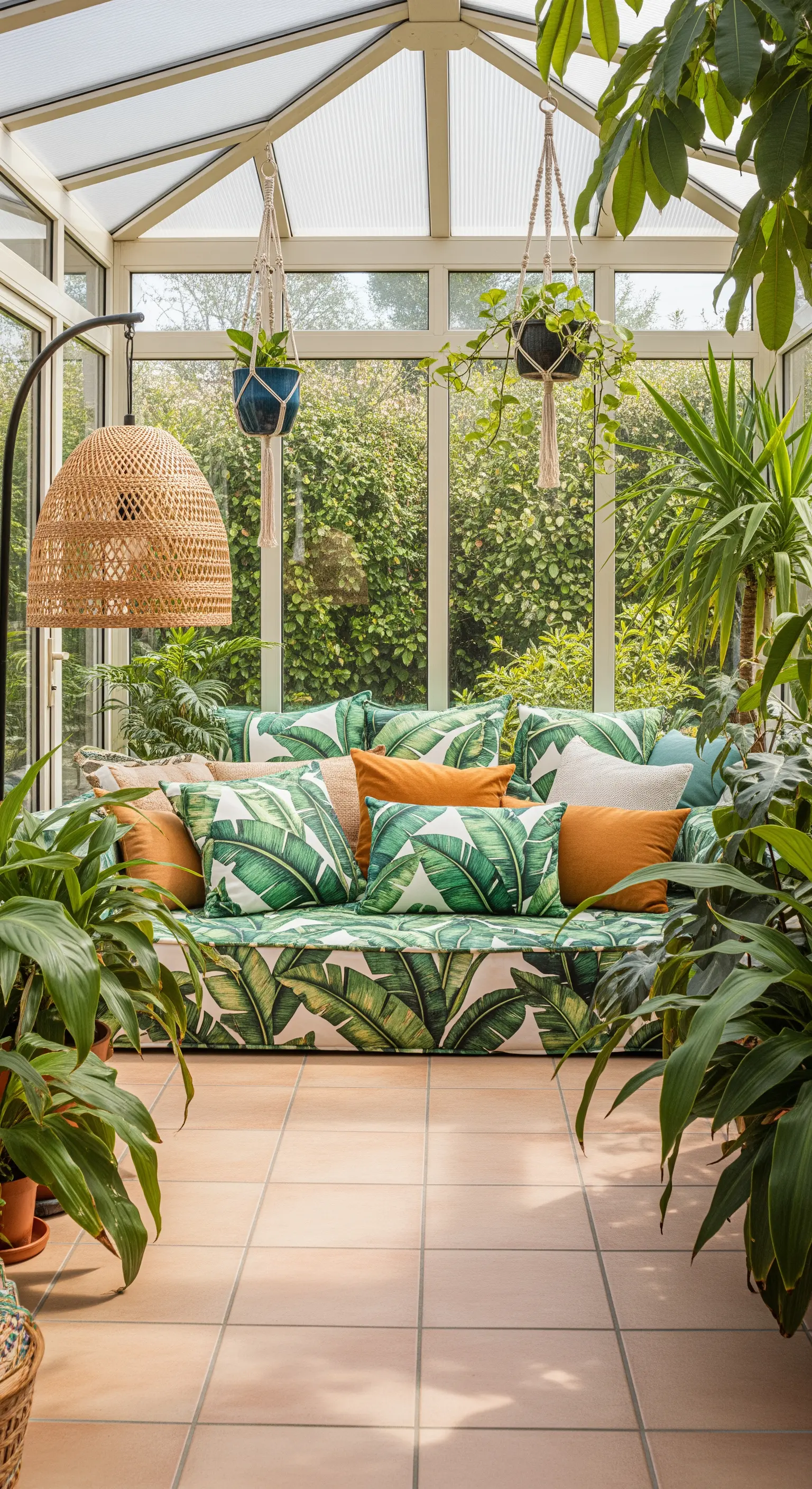 Wintergarten mit Palmen-Sofa und vielen Pflanzen