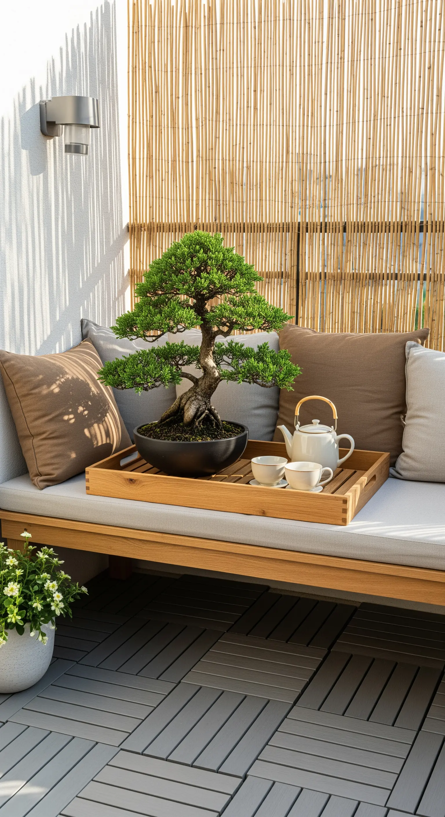 Balkon mit Japandi-Sitzbank, Bambus-Sichtschutz, Bonsai auf Holztablett