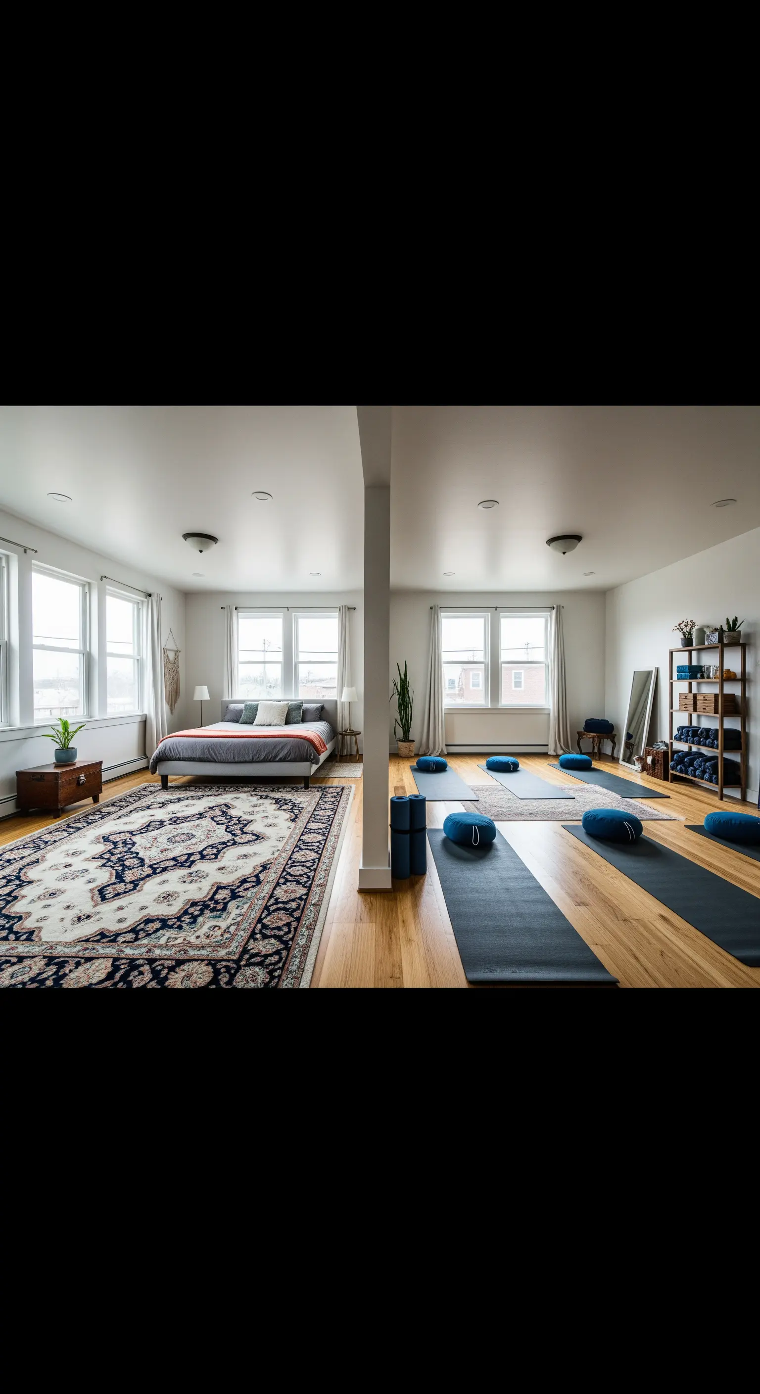 Großer Raum, der in einen Schlafbereich und einen Yoga-Studio-Bereich unterteilt ist.