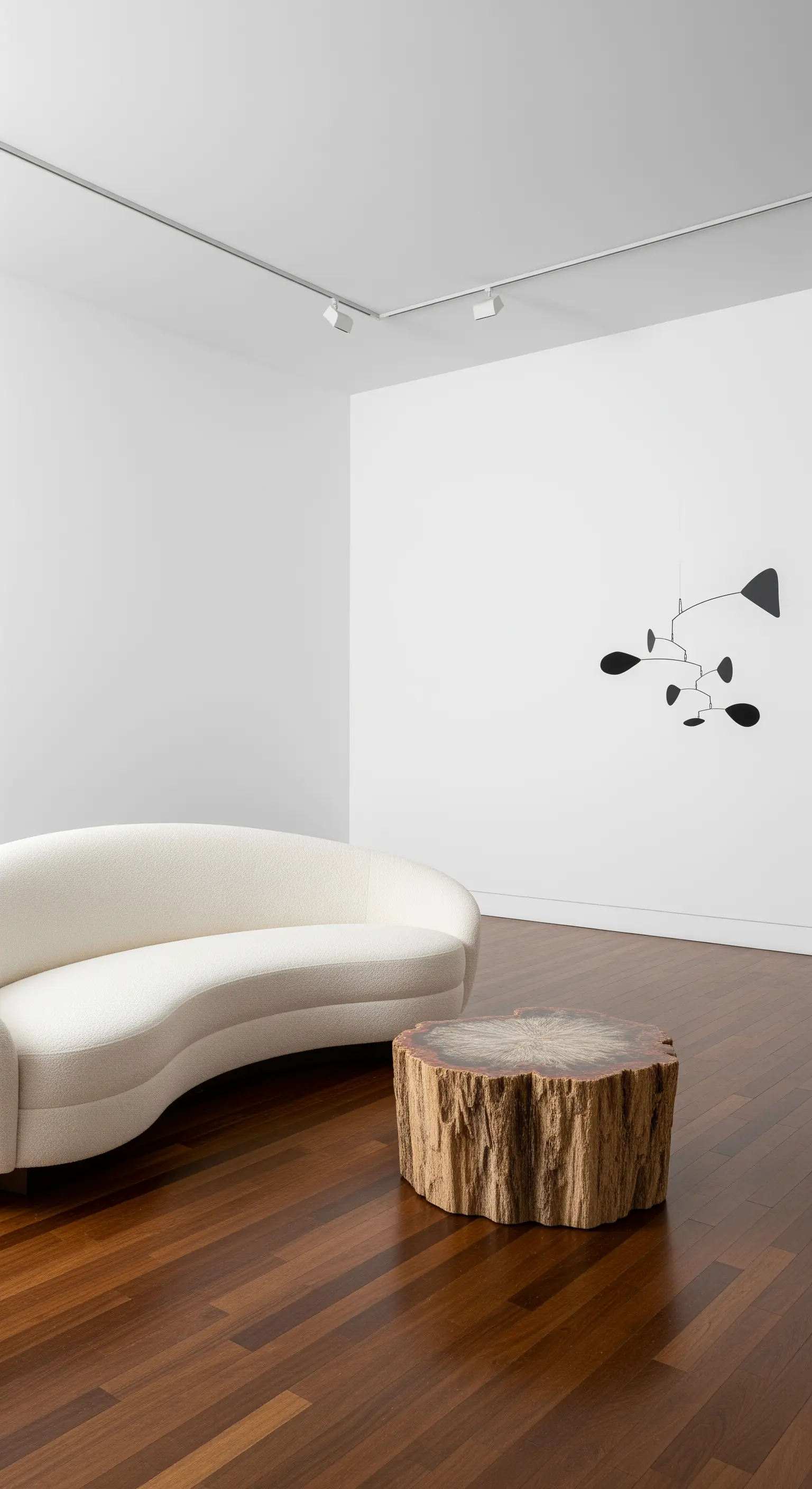 Weißer, galerieartiger Raum mit einem geschwungenen Sofa und einem Mobile von Calder.