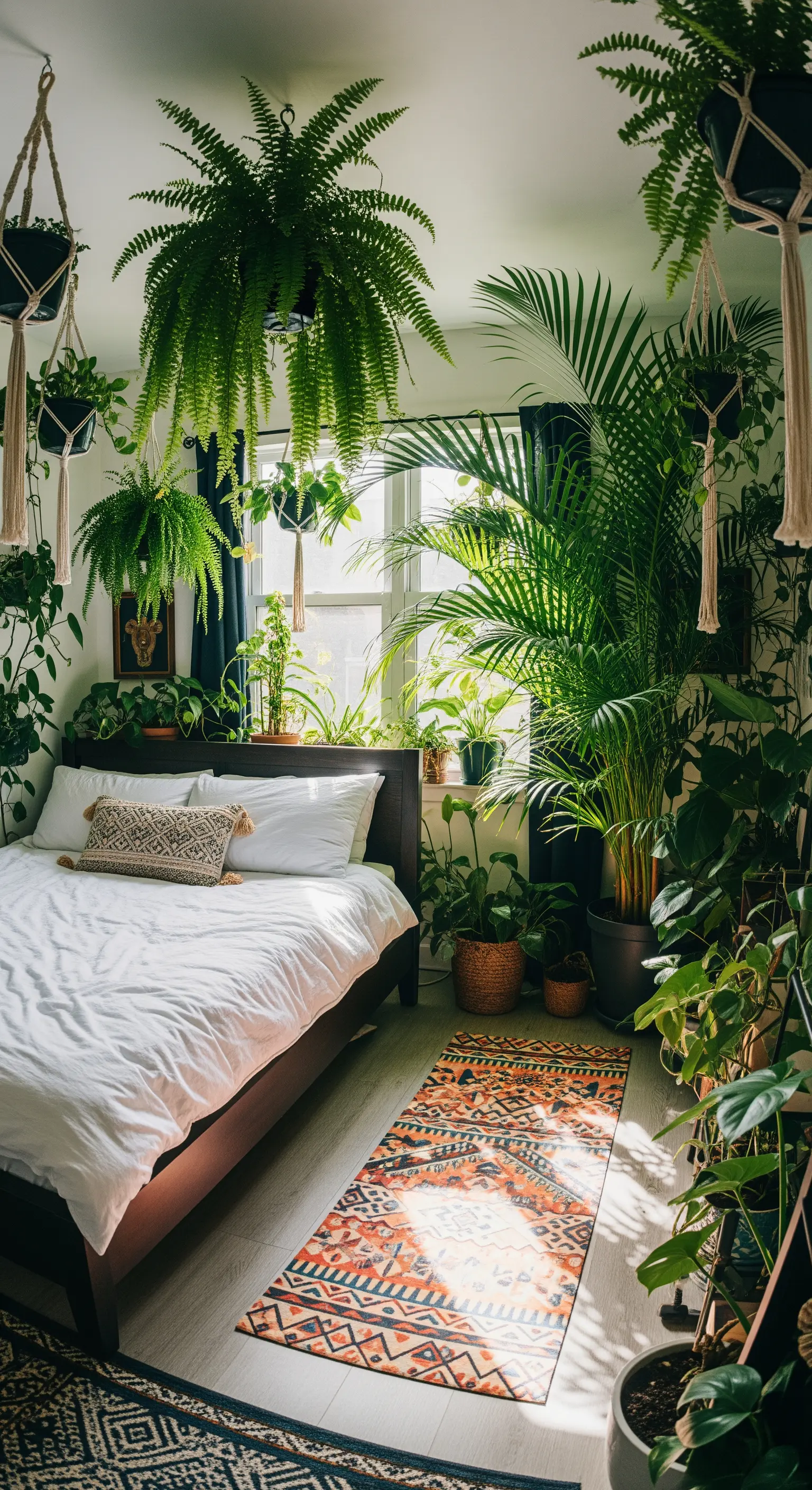 Schlafzimmer voller Hängepflanzen und großer Farne, die einen Urban-Jungle-Effekt erzeugen.