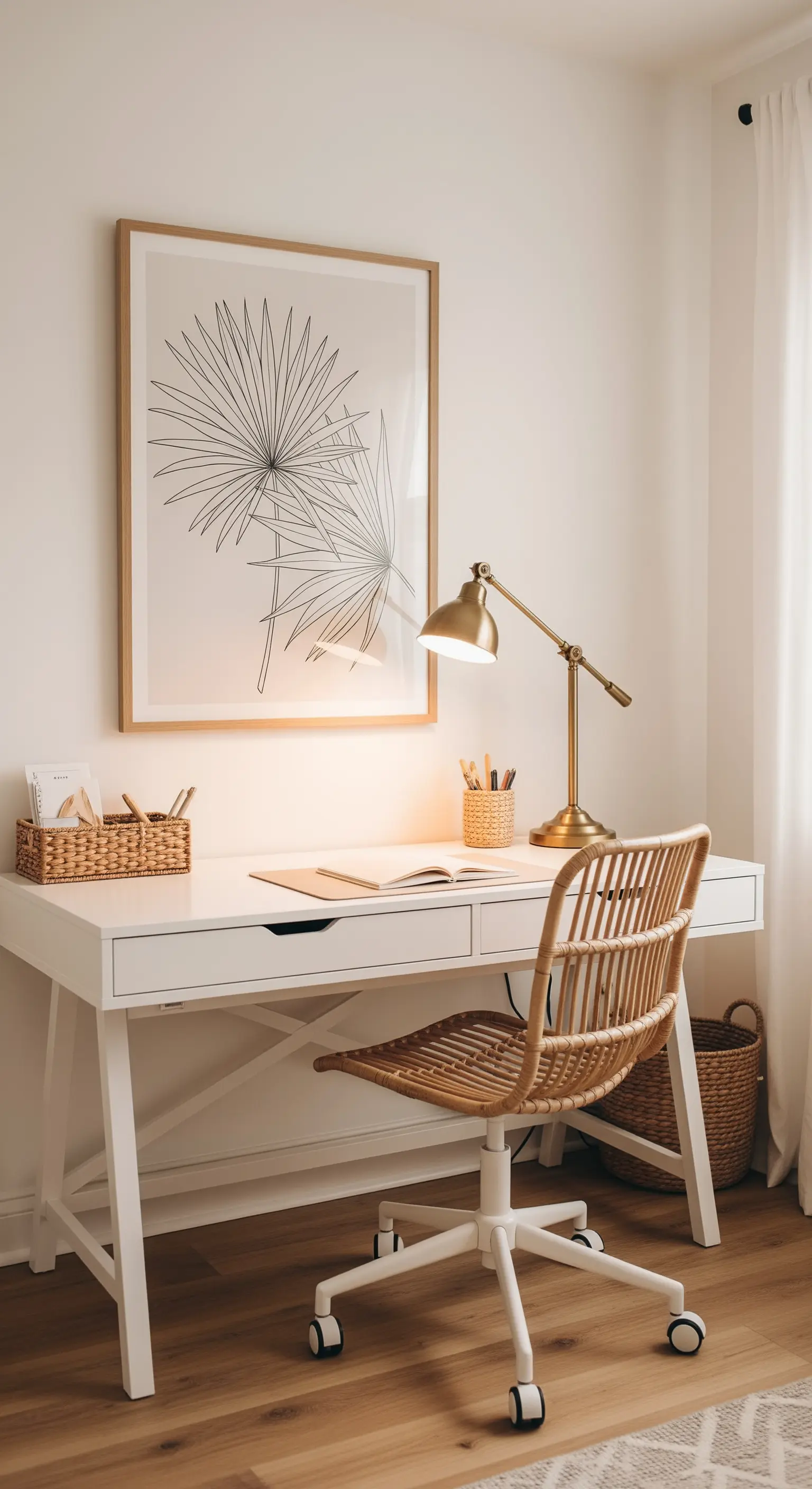 Heller Arbeitsplatz mit Rattan-Stuhl und Palmen-Kunstdruck