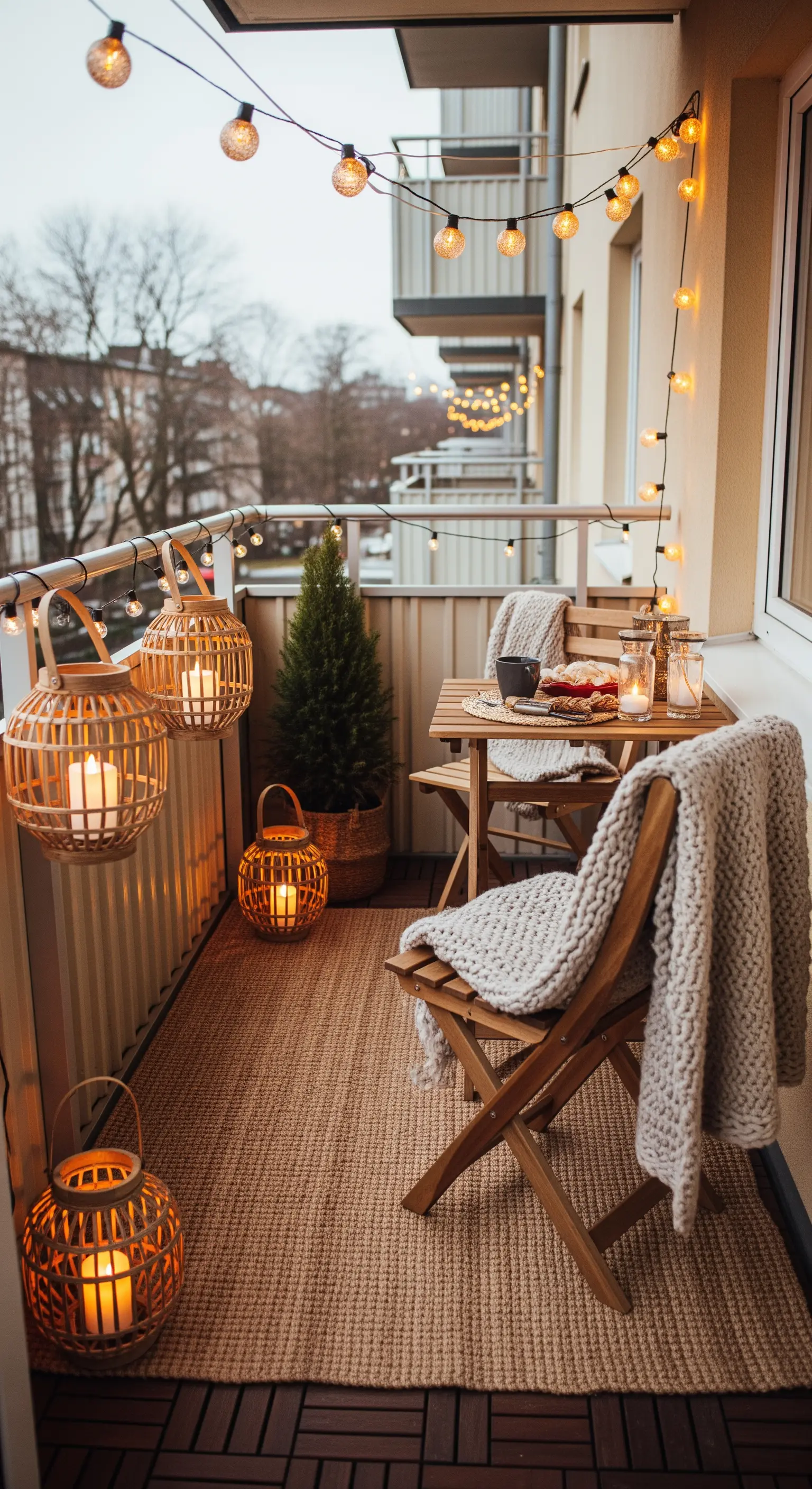 Gemütlicher Winterbalkon mit Lichterketten, Laternen und Strickdecken