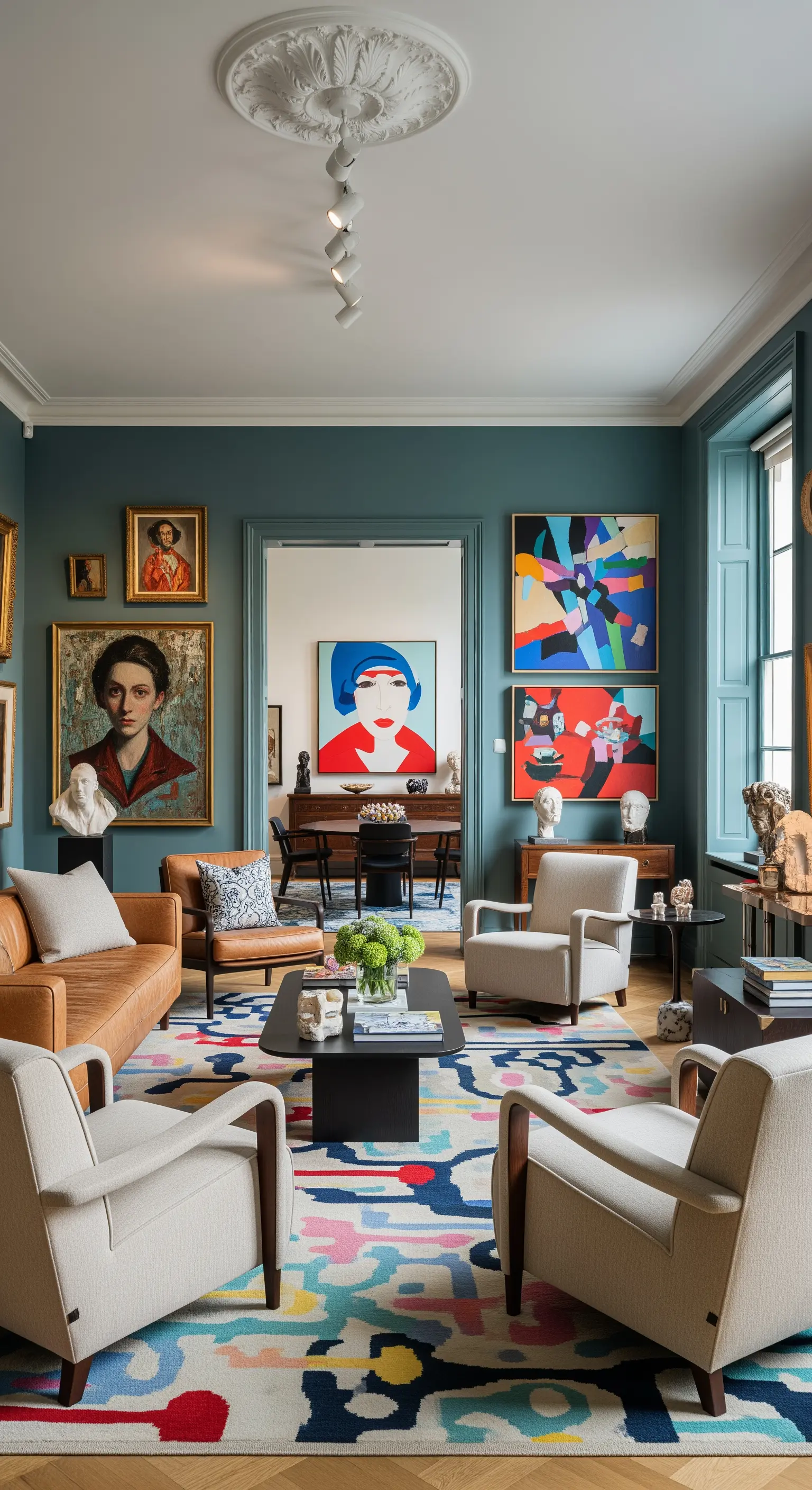 Wohnzimmer mit petrolfarbenen Wänden, einer bunten Galeriewand und Mid-Century-Möbeln.