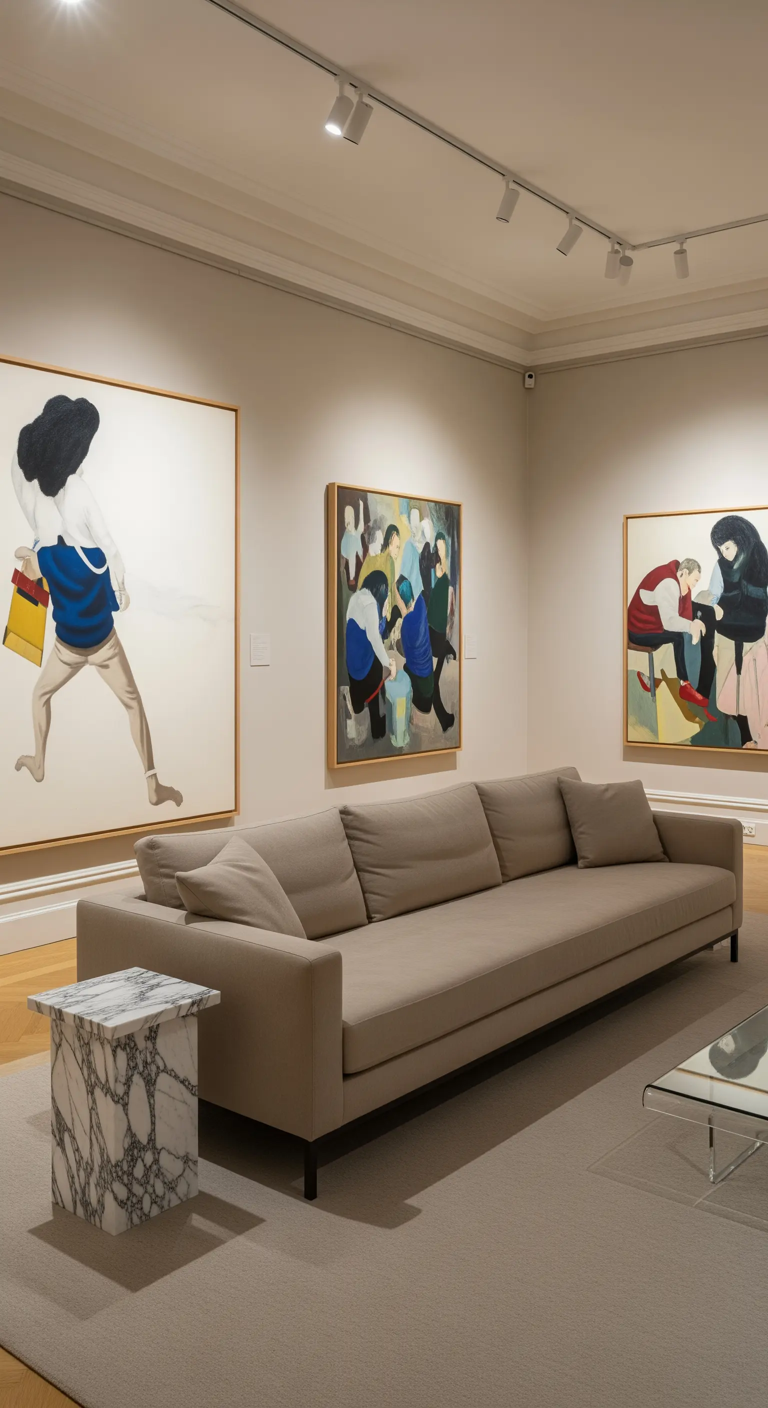 Modernes beiges Sofa in einer Kunstgalerie mit großen, farbenfrohen Gemälden.