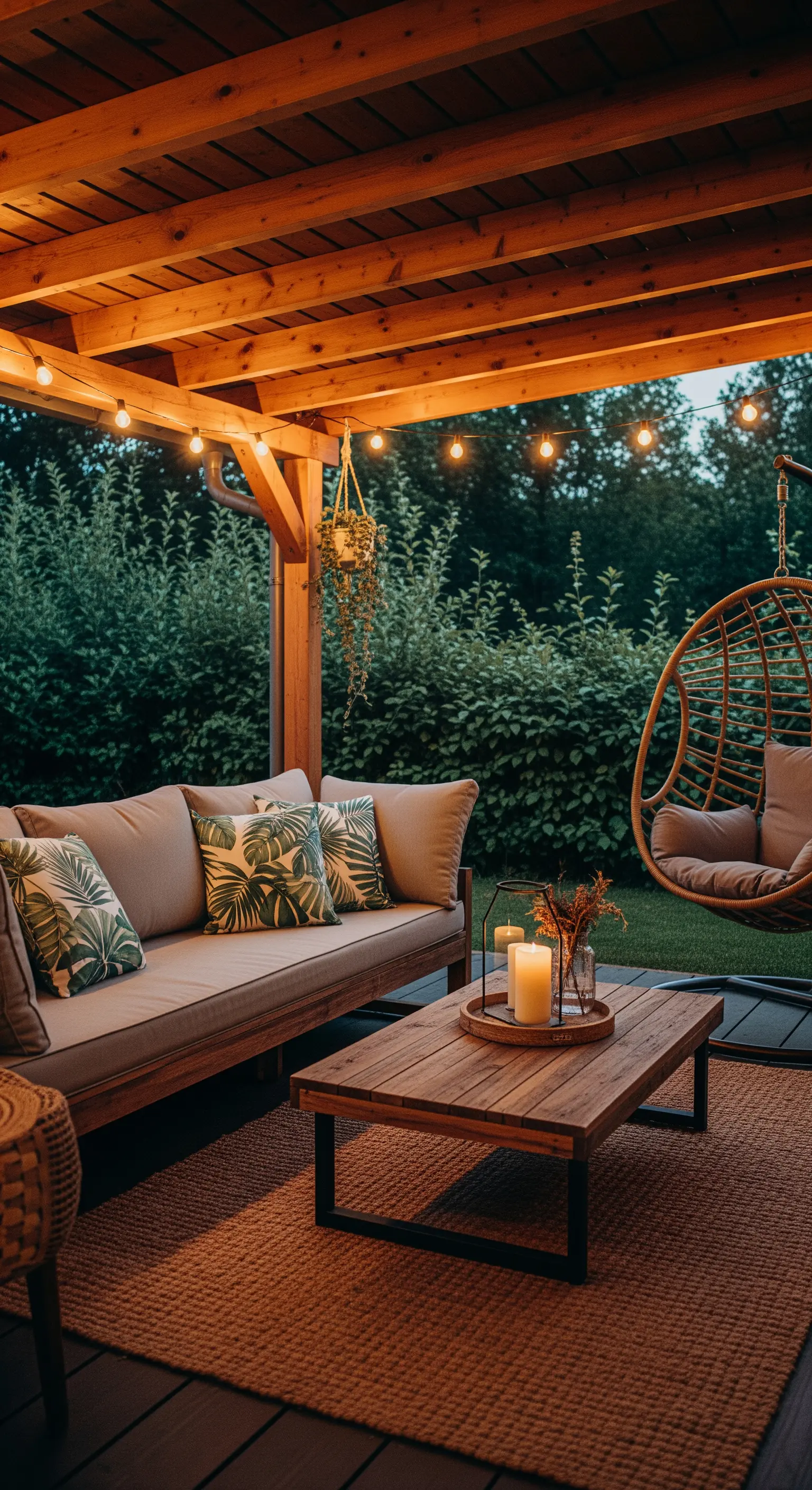 Gemütliche Terrasse mit Lichterketten und Hängesessel