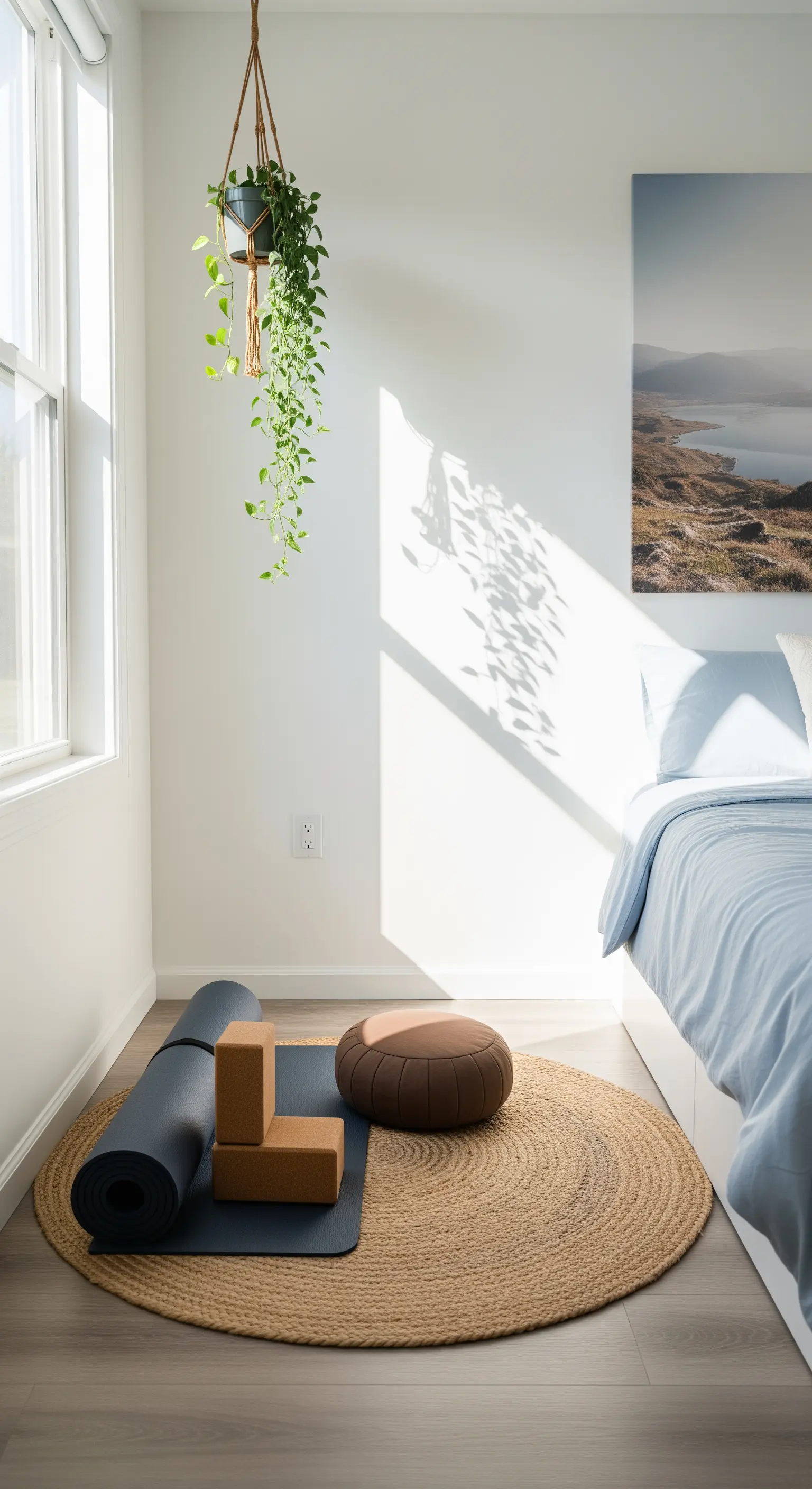 Ruhige Ecke im Schlafzimmer mit Yogamatte, Meditationskissen und einer Hängepflanze