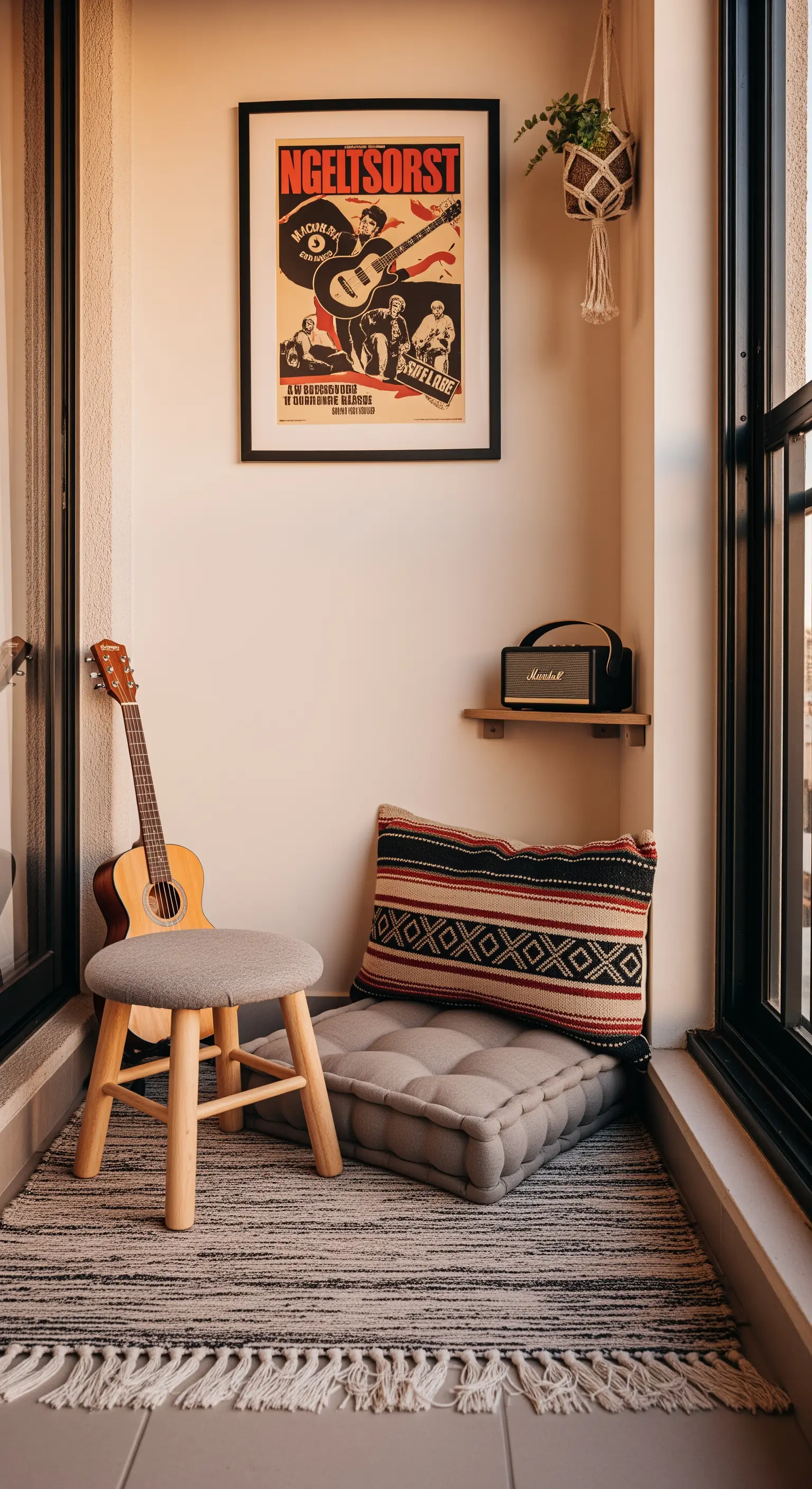 Musikecke auf dem Balkon mit Gitarre, Bodenkissen und einem gerahmten Poster.