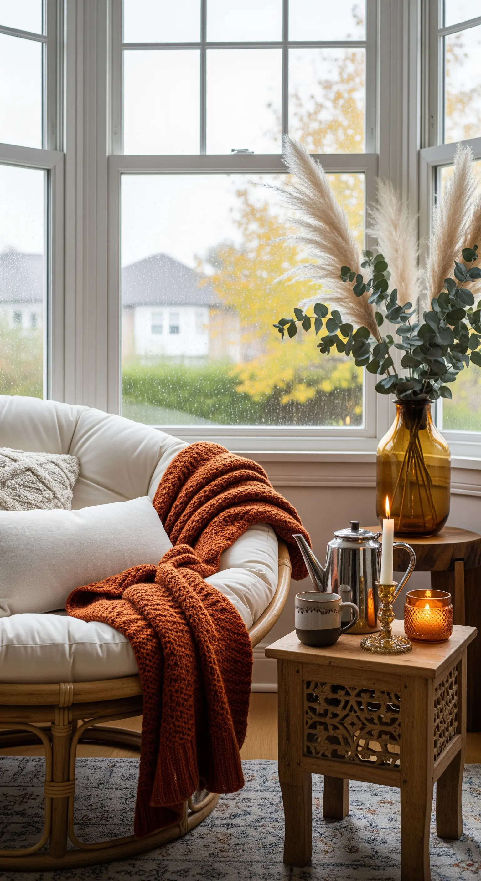 Gemütlicher Sessel am regnerischen Fenster mit Pampasgras und Kerze.