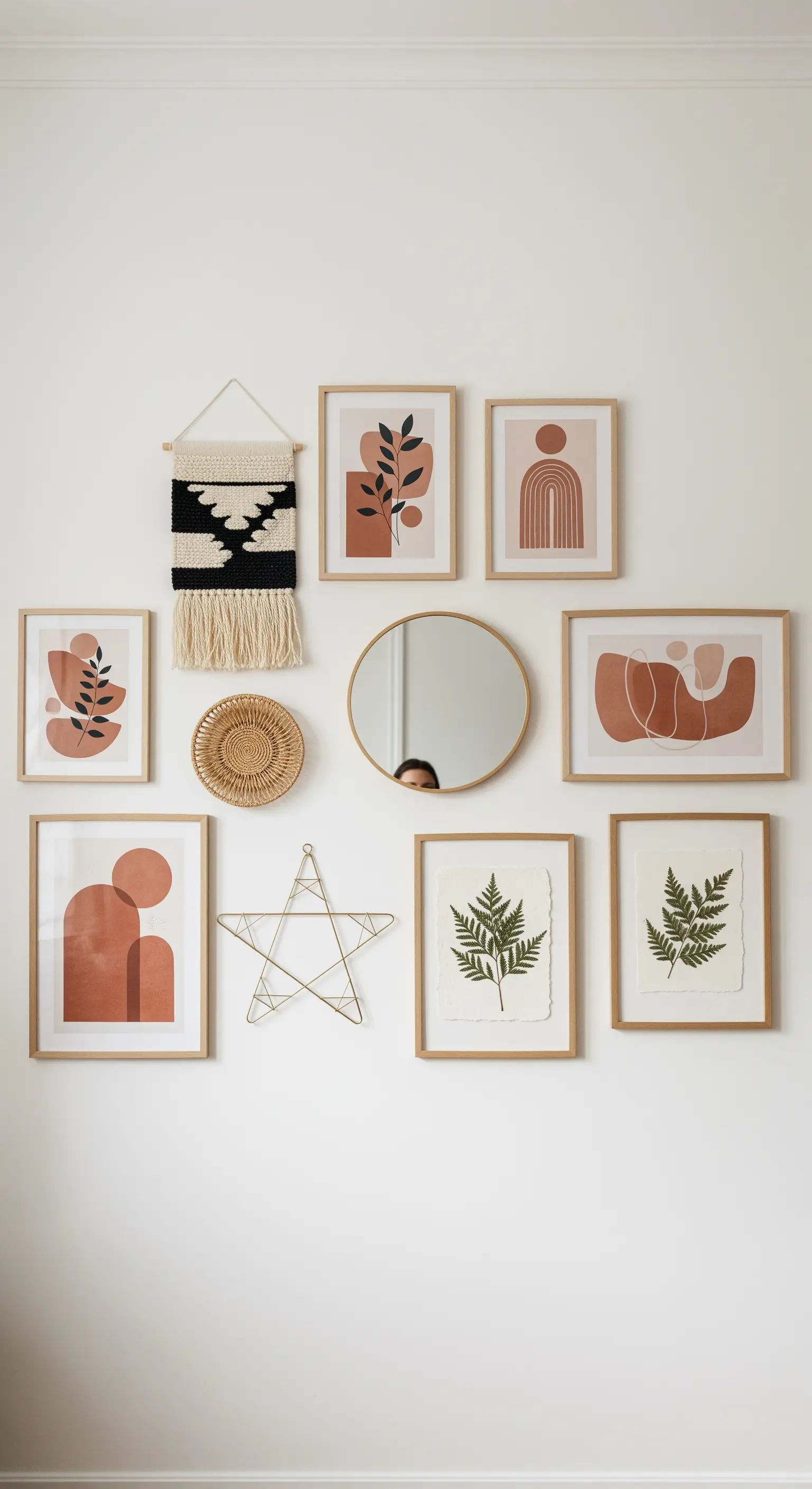 Galerie-Wand mit Boho-Prints, einem gewebten Wandbehang und einem Metallstern