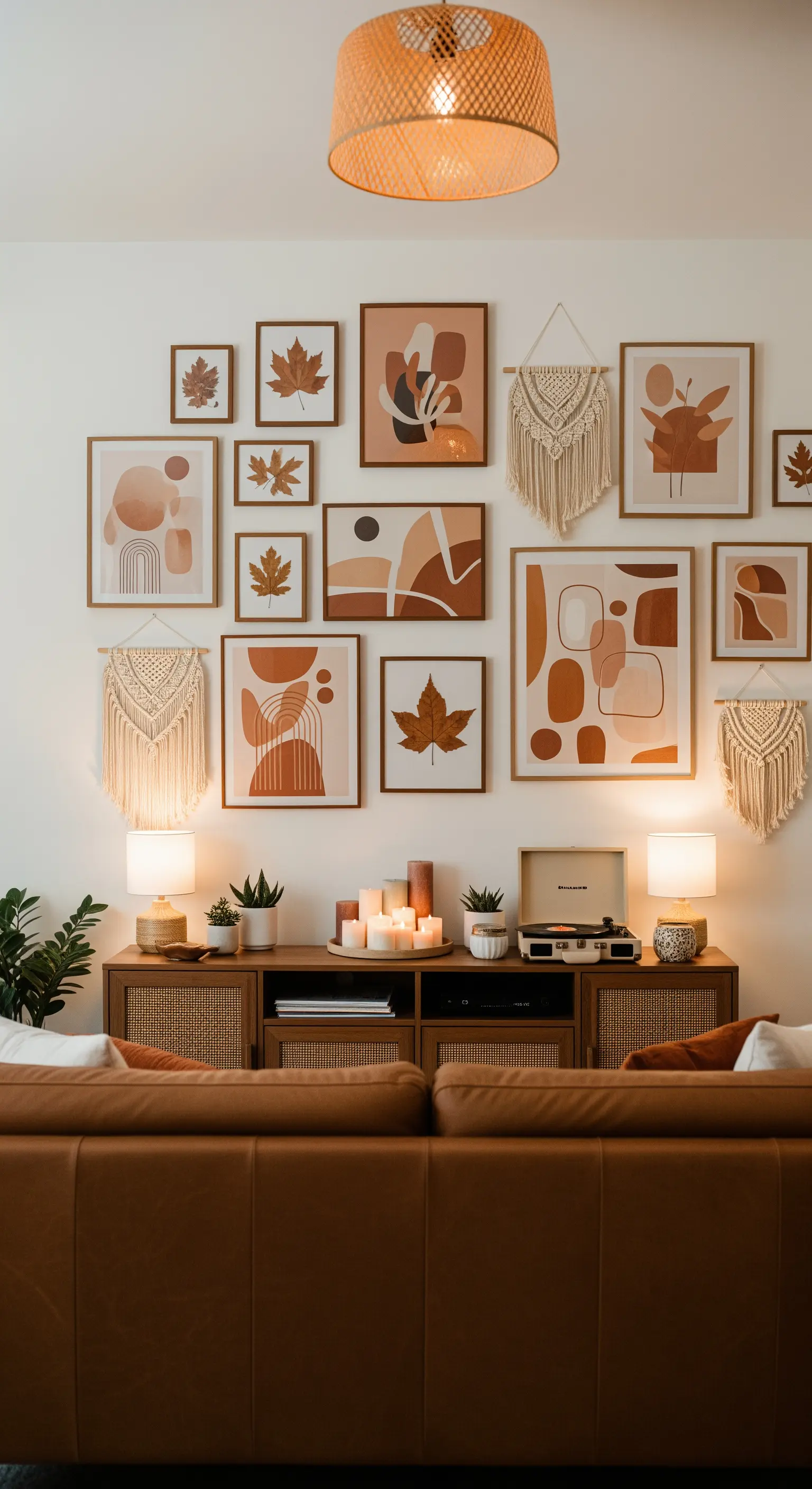 Bilderwand mit abstrakten Kunstdrucken in Erdtönen und Makramee-Elementen.